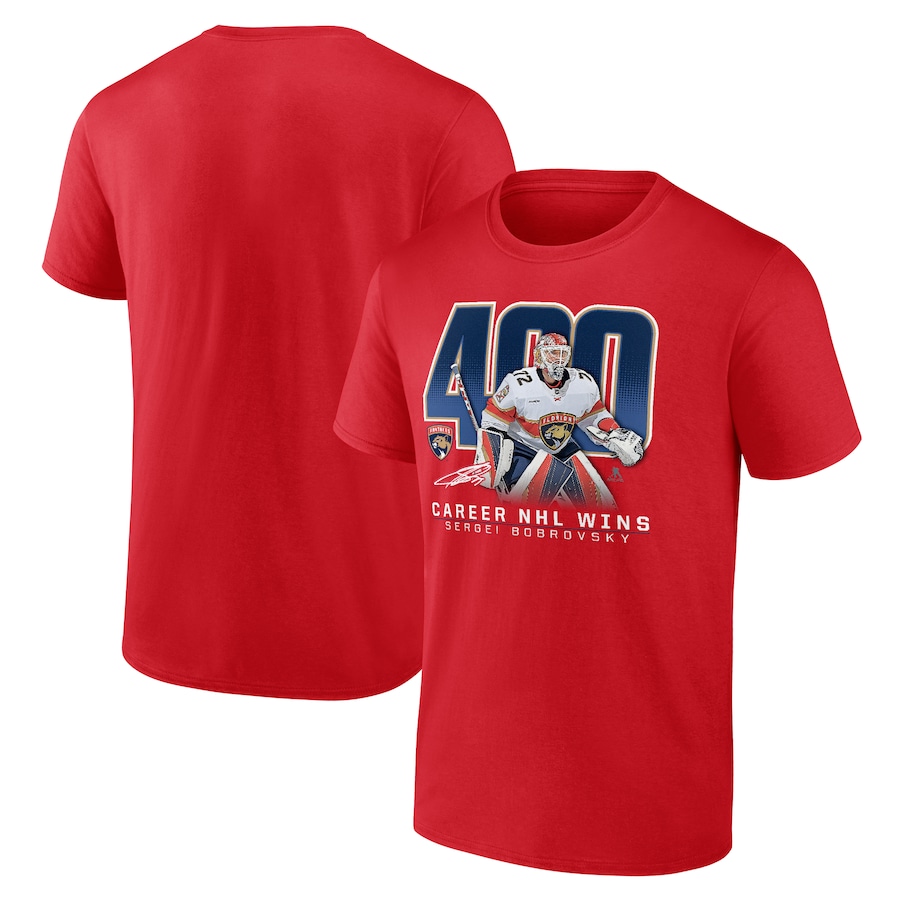 Men's Florida Panthers Sergei Bobrovsky Red 400 Career Wins T-Shirt - Jersey