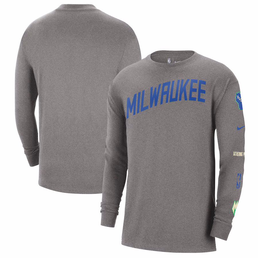 Men's Milwaukee Bucks Nike Charcoal 2023/24 City Edition Max90 Expressive Long Sleeve T-Shirt - Jersey