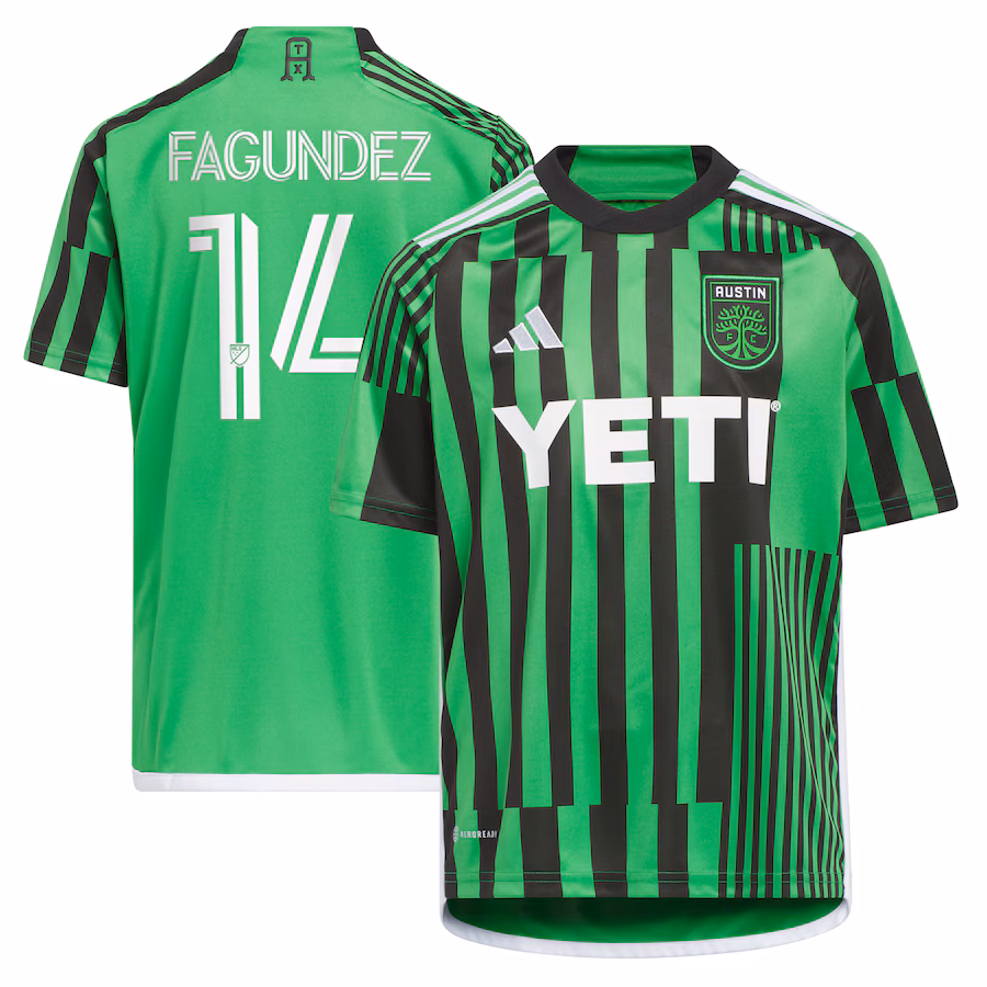Youth Austin FC Diego Fagundez adidas Green 2023 Las Voces Kit Replica Jersey - Jersey