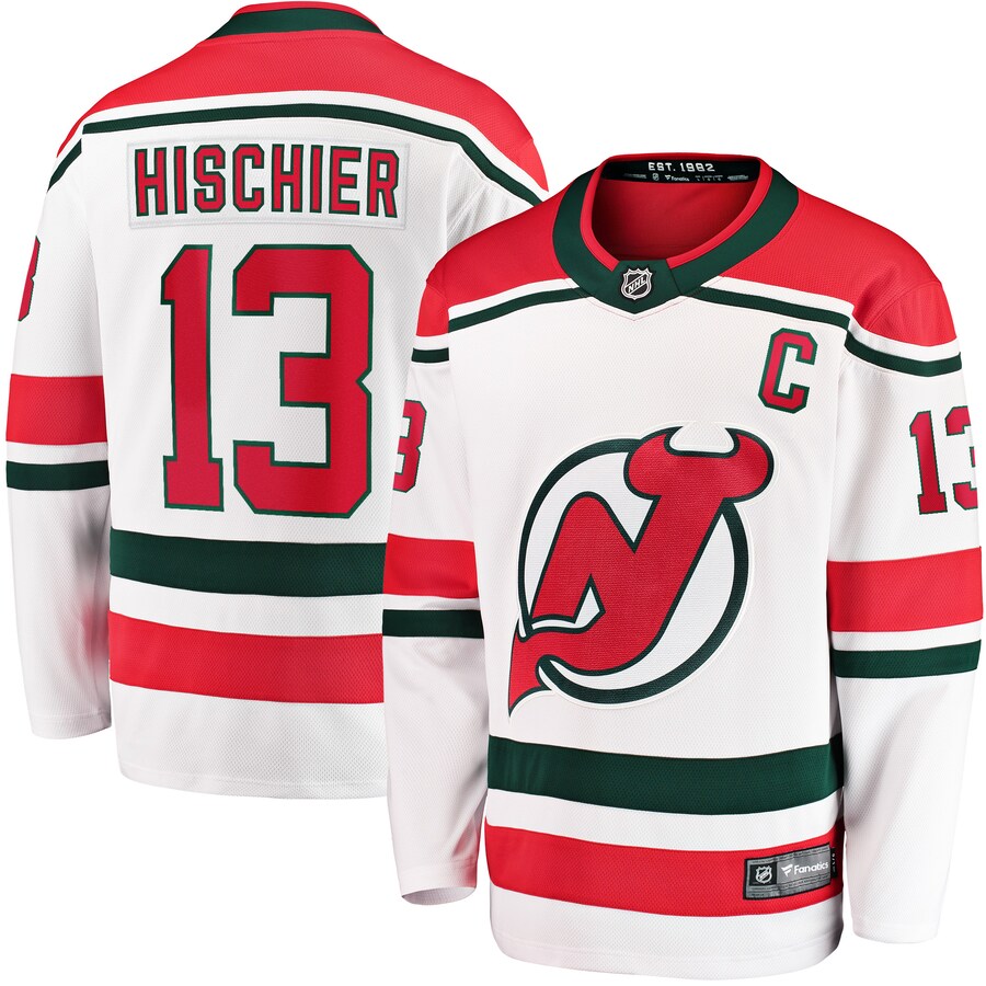 Men's New Jersey Devils Nico Hischier Fanatics Branded White 2022/23 Heritage Premier Breakaway Jersey - Jersey