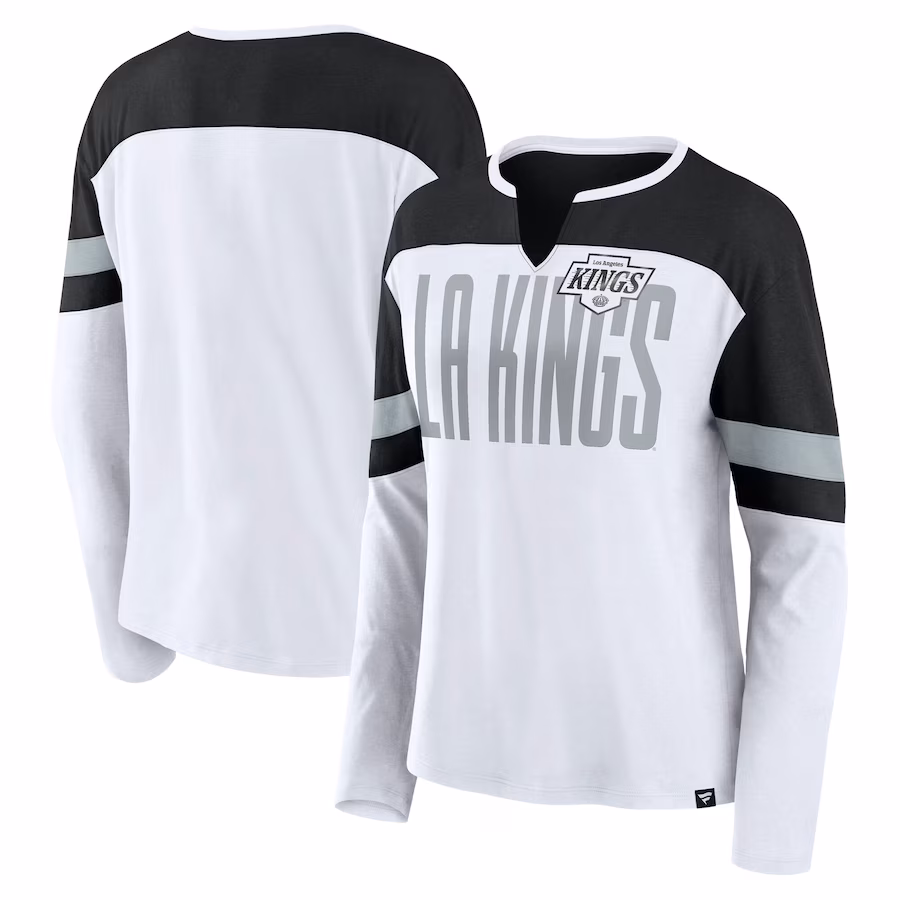 Women's Los Angeles Kings Fanatics White/Black Frozen Long Sleeve Notch Neck T-Shirt - Jersey