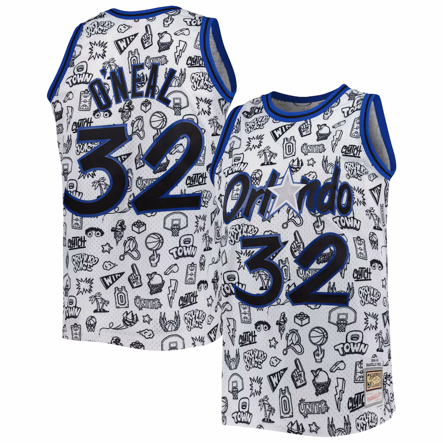 Men's Orlando Magic Shaquille O'Neal Mitchell & Ness White 1994/95 Hardwood Classics Doodle Swingman Jersey - Jersey