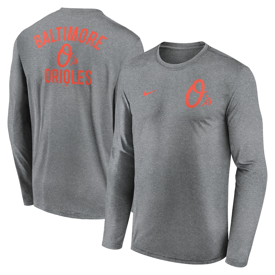 Men's Baltimore Orioles Nike Heather Charcoal 2-Hit Legend Performance Long Sleeve T-Shirt - Jersey