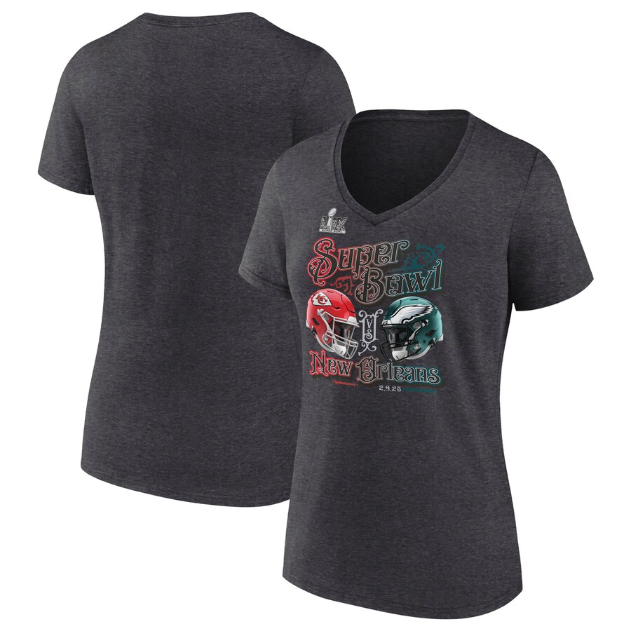 Women's Kansas City Chiefs vs. Philadelphia Eagles Fanatics Heather Charcoal Super Bowl LIX Matchup Final Battle V-Neck T-Shirt - Jersey