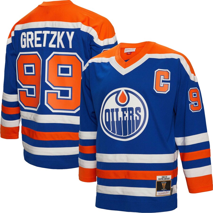 Men's Edmonton Oilers Wayne Gretzky Mitchell & Ness Royal 1986/87 Captain Patch Blue Line Player Jersey - Jersey