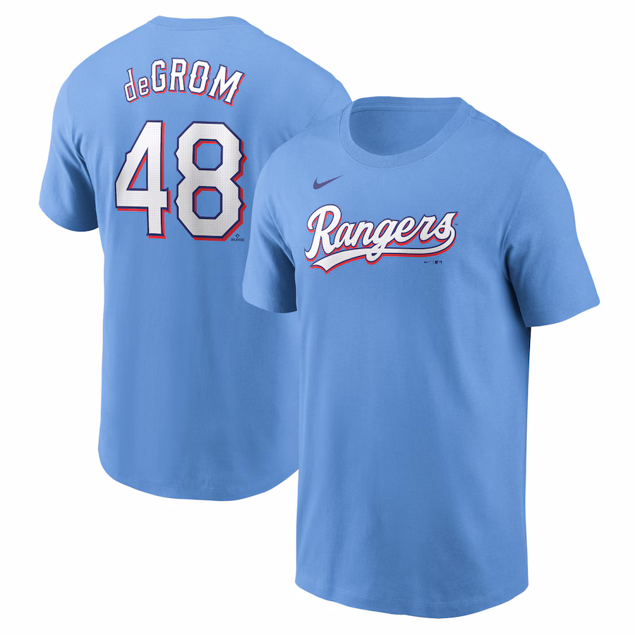Men's Texas Rangers Jacob deGrom Nike Light Blue Fuse Name & Number T-Shirt - Jersey