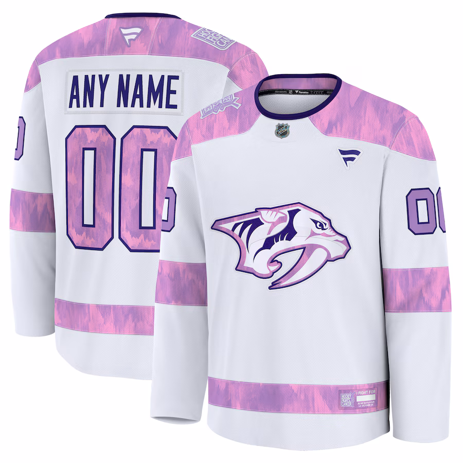 Men's Nashville Predators Fanatics White 2024 Hockey Fights Cancer Custom Practice Jersey - Jersey