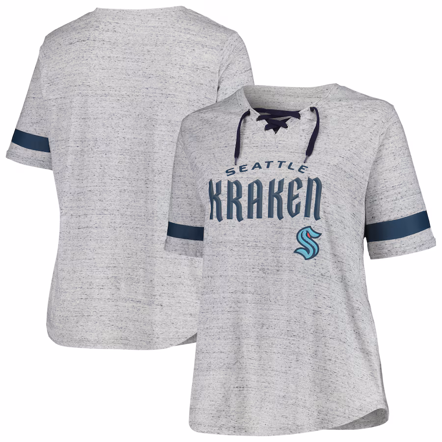 Women's Seattle Kraken Fanatics Heather Gray Plus Size Lace-Up T-Shirt - Jersey