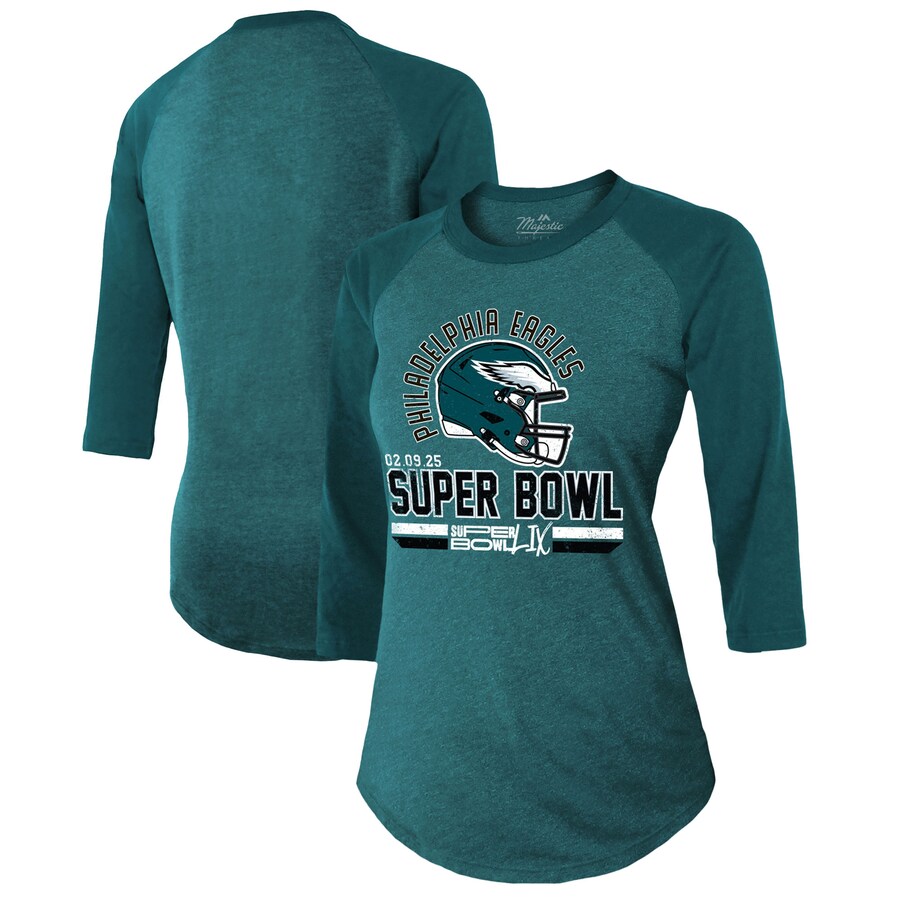 Women's Philadelphia Eagles Majestic Threads Midnight Green Super Bowl LIX Hard Count Tri-Blend Raglan 3/4-Sleeve T-Shirt - Jersey