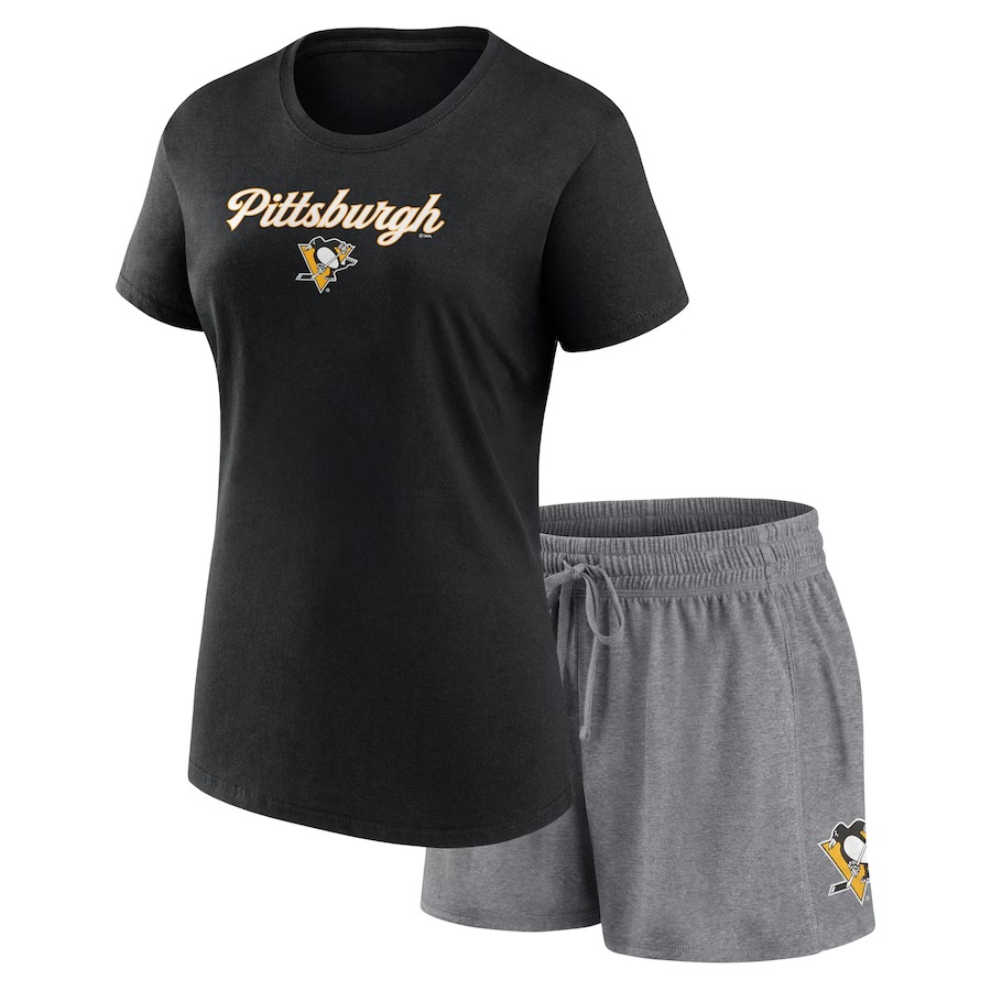 Women's Pittsburgh Penguins Fanatics Black/Gray Script T-Shirt & Shorts Set - Jersey