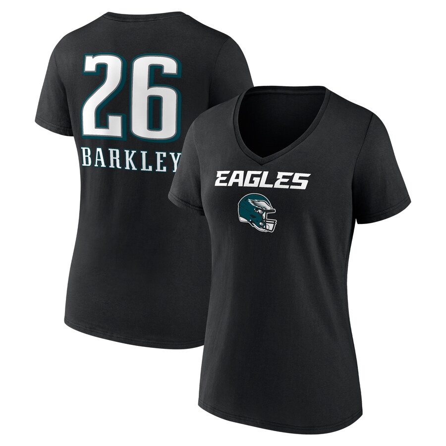 Women's Philadelphia Eagles Saquon Barkley Black Name & Number Team Wordmark V-Neck T-Shirt - Jersey