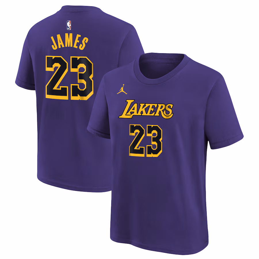 Youth Los Angeles Lakers LeBron James Jordan Brand Purple Name & Number Statement T-Shirt - Jersey