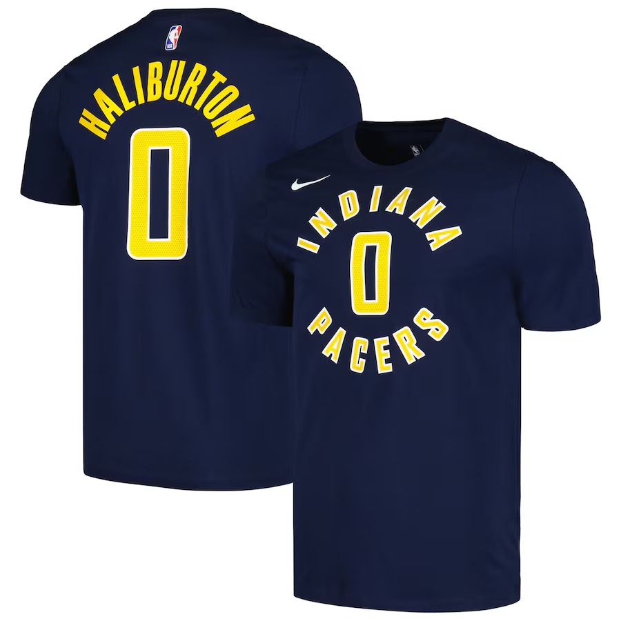 Men's Indiana Pacers Tyrese Haliburton Nike Navy Icon 2022/23 Name & Number T-Shirt - Jersey