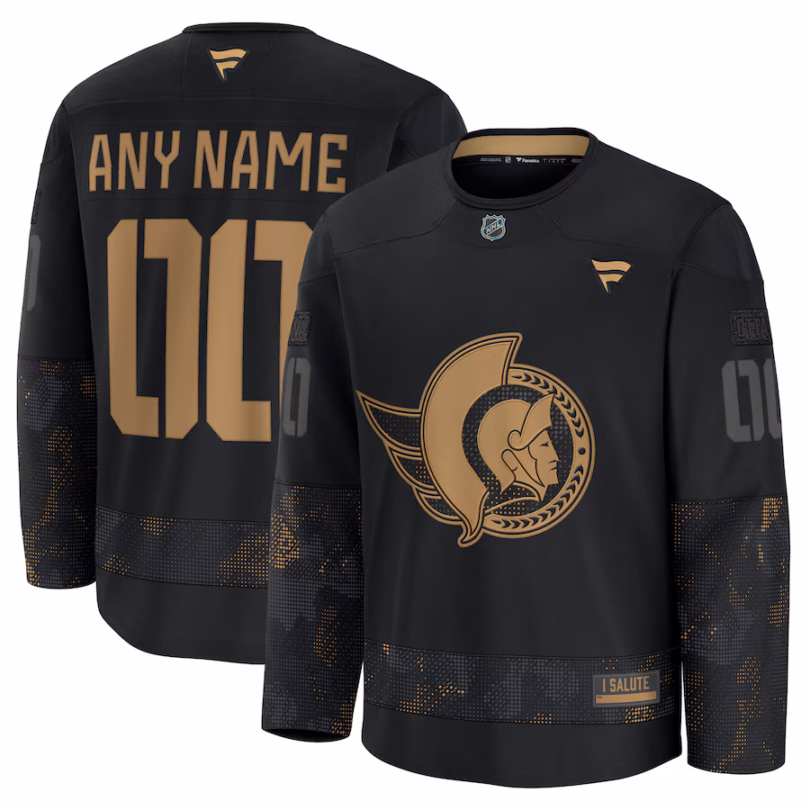 Men's Ottawa Senators Fanatics Black 2024 Military Appreciation Personalized Long Sleeve Practice Jersey - Jersey