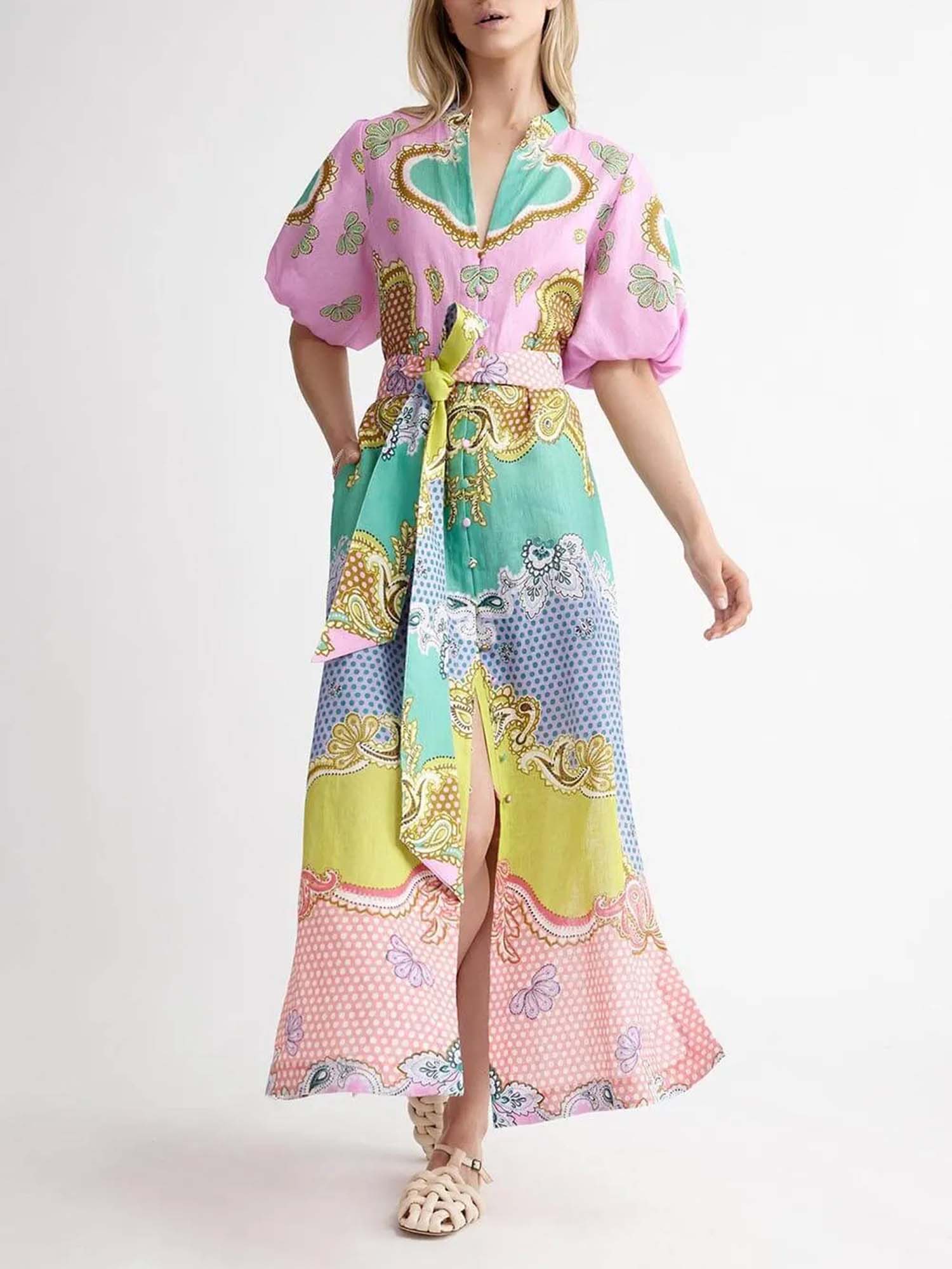 Candy Mosaic Belted Shirt Maxi Dress - XPRESSC