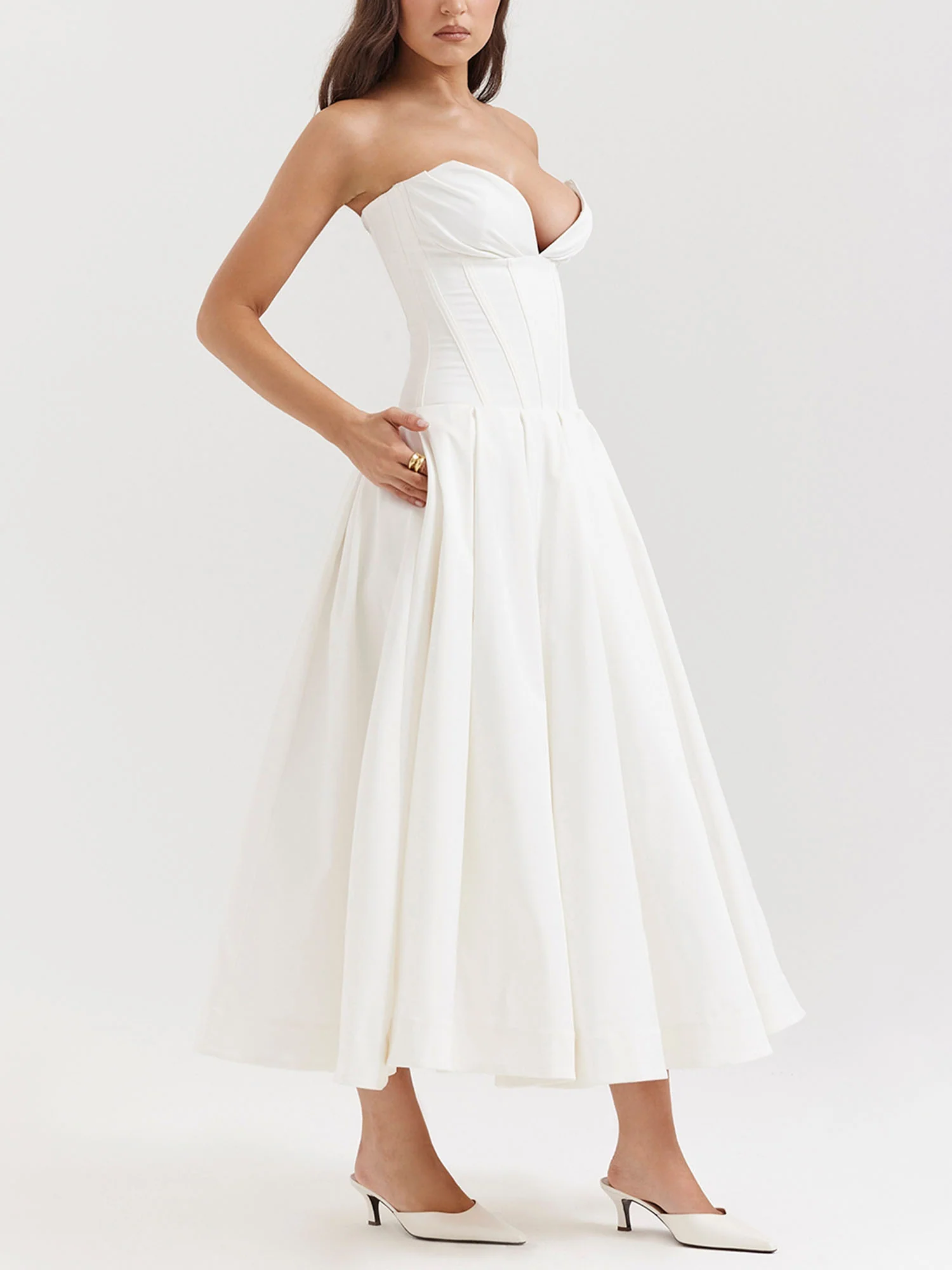 White Strapless Fit-and-Flare Midi Dress - XPRESSC