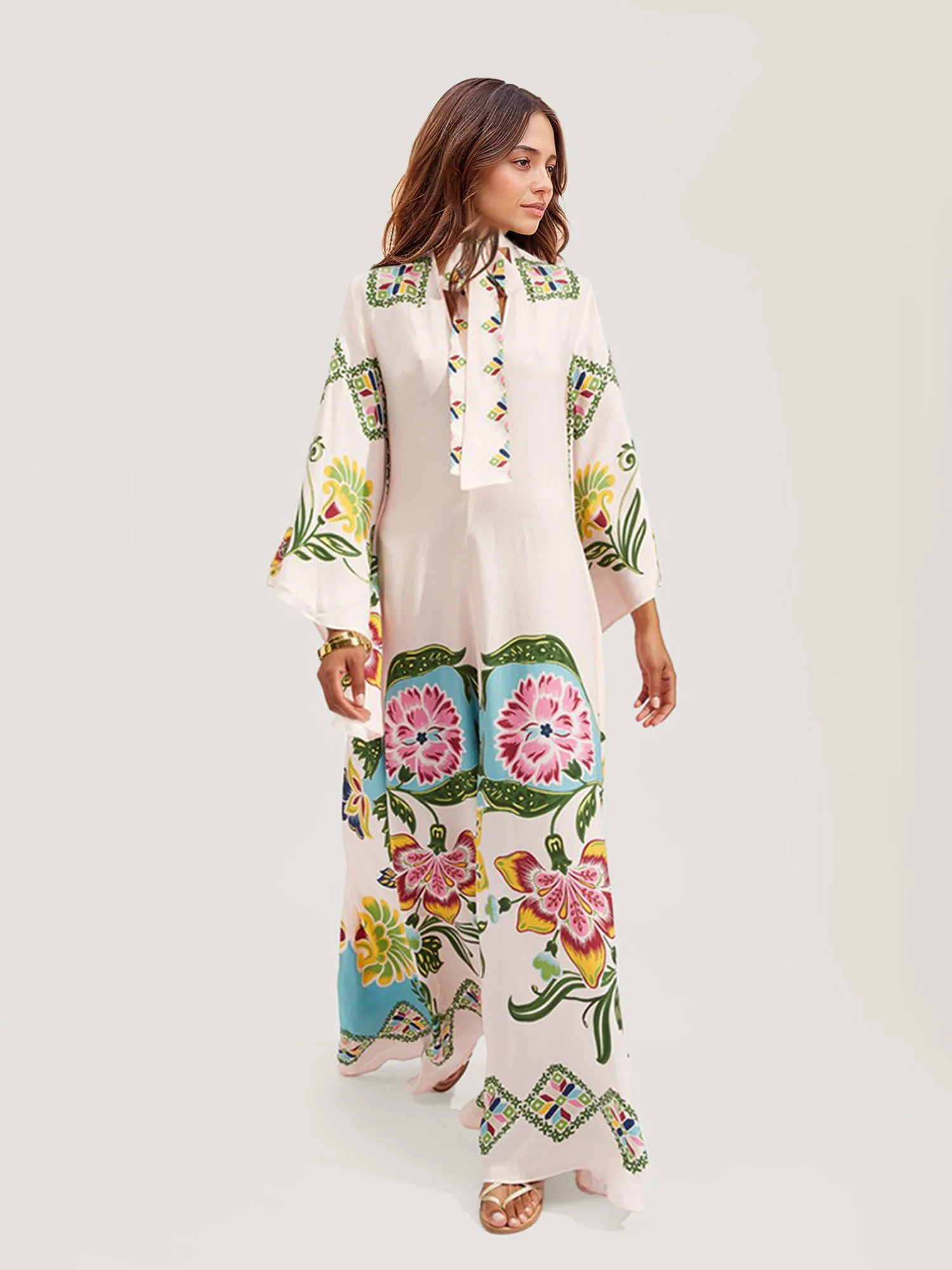 Floral Print Bohemian Long Sleeve Maxi Dress - XPRESSC