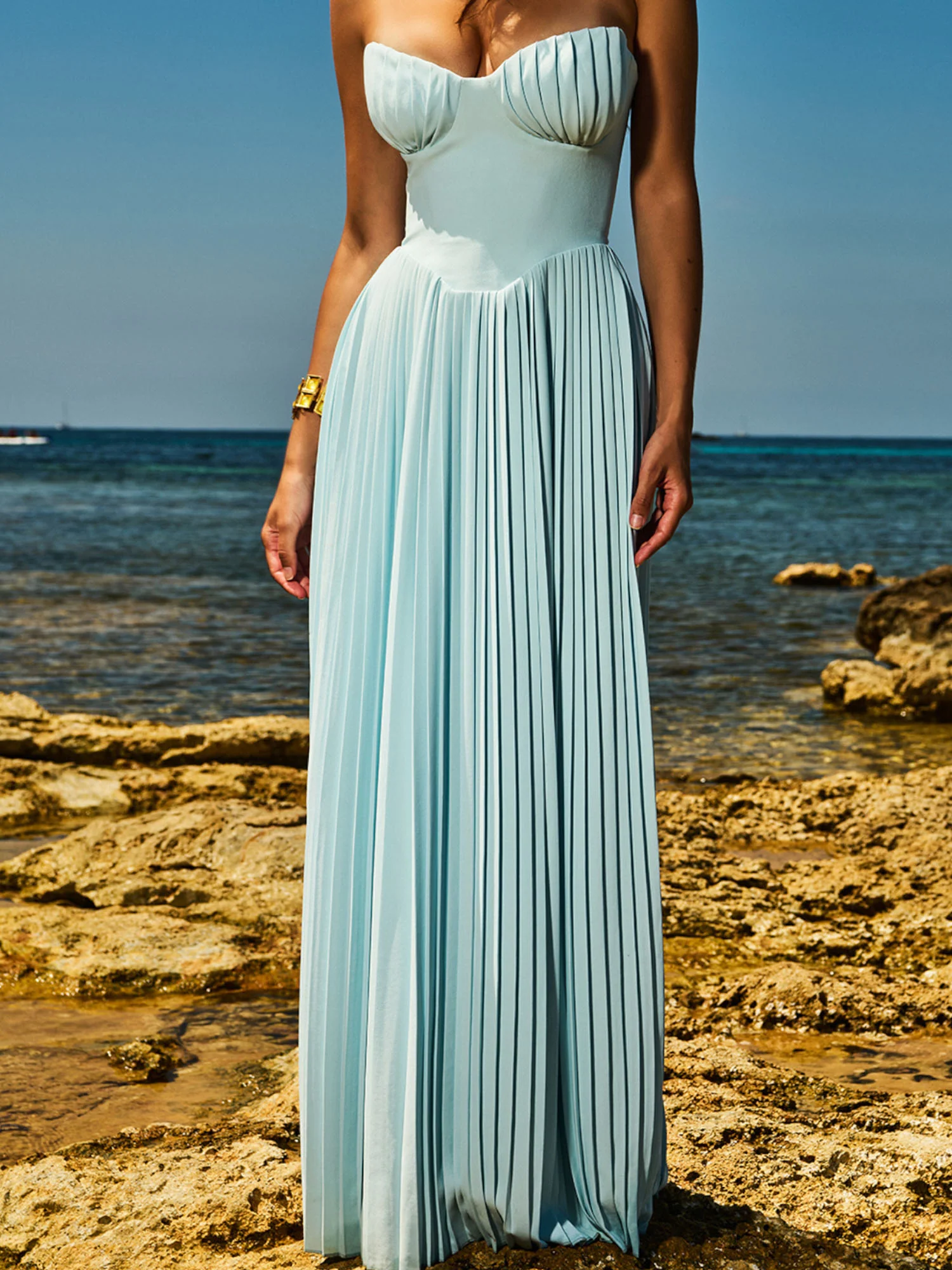Pleated Strapless Sky Blue Maxi Dress - XPRESSC