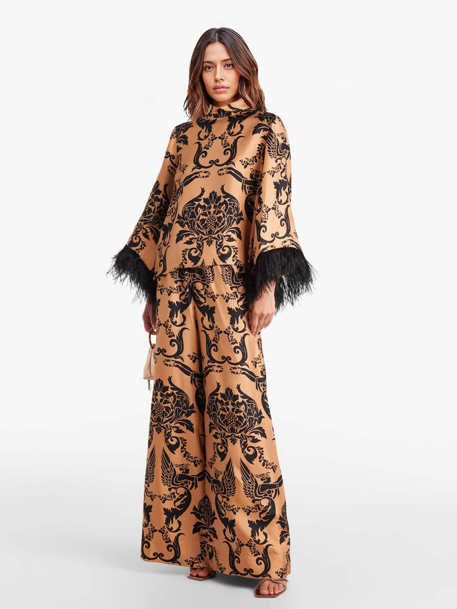 Bohemian Satin  Pants with Feather Accents - XPRESSC