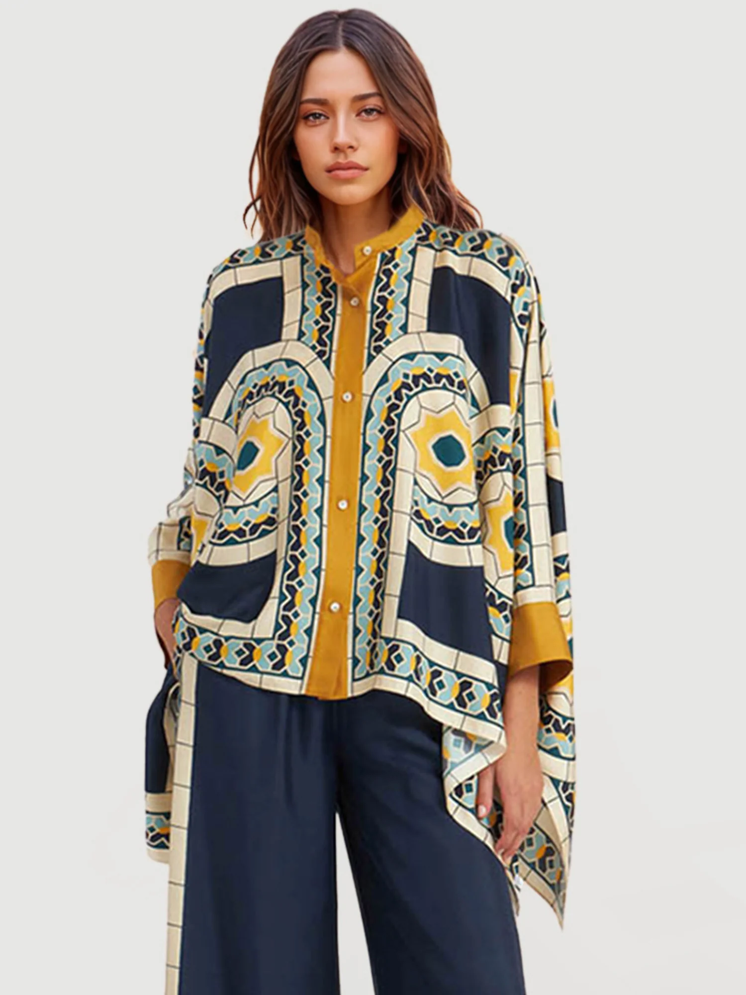 Geometric Print Oversized Button-Up Shirt - XPRESSC
