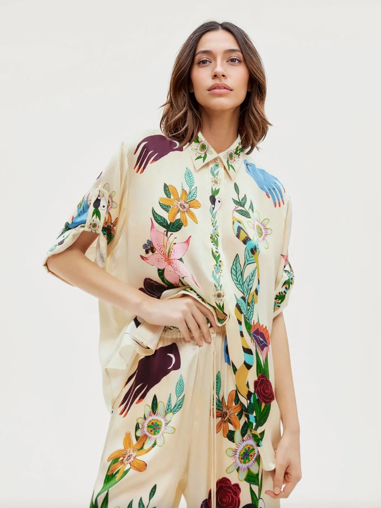 Satin Oversized Blouse with Sophisticated Print - XPRESSC