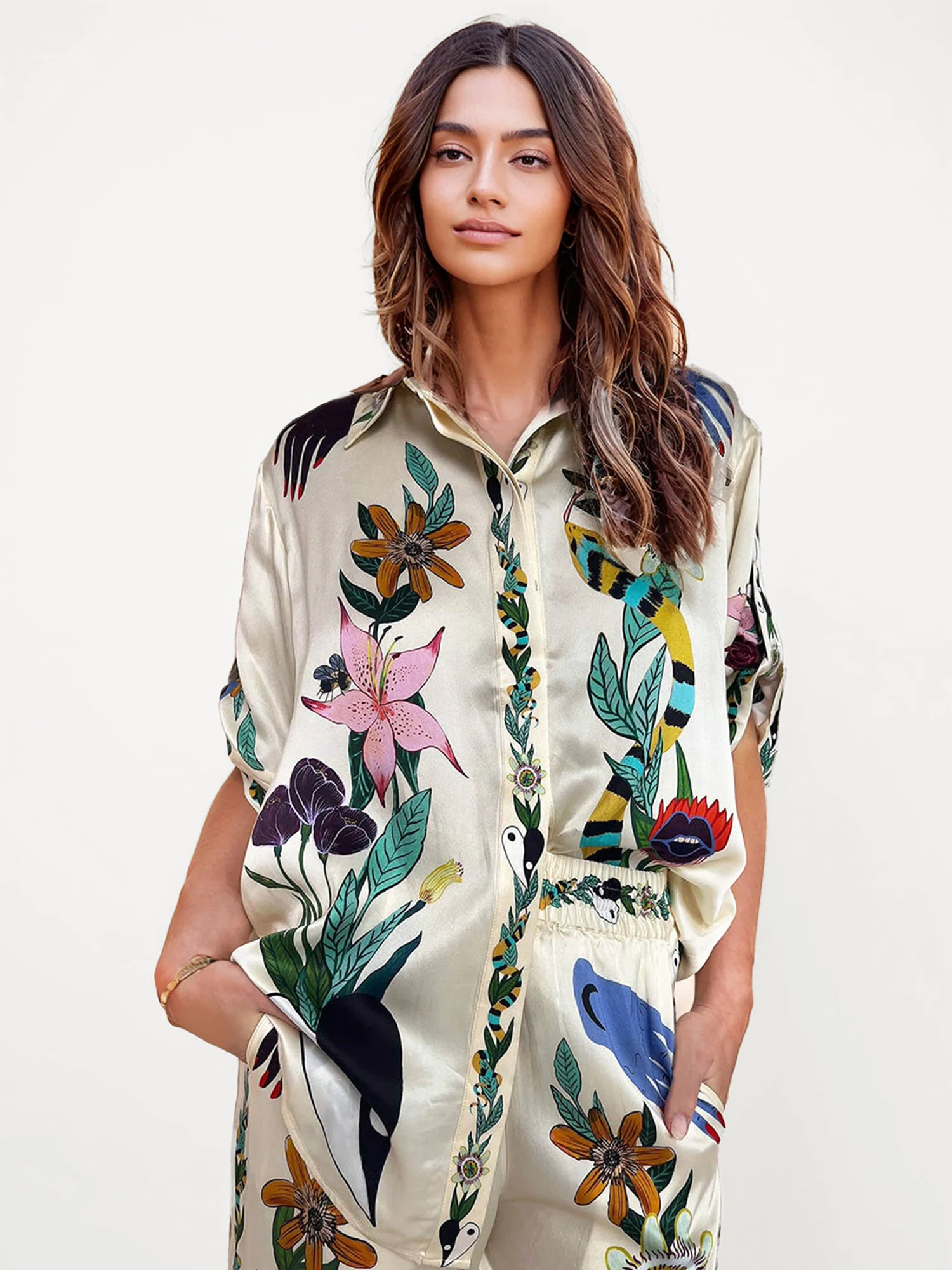 Satin Oversized Blouse with Sophisticated Print - XPRESSC