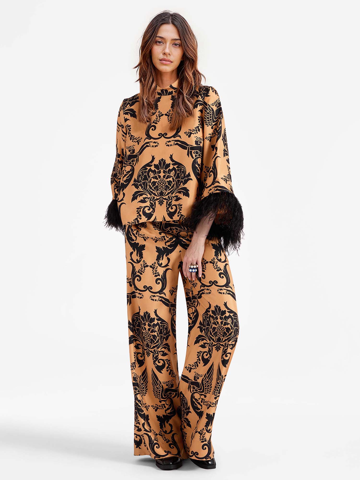 Bohemian Satin  Pants with Feather Accents - XPRESSC