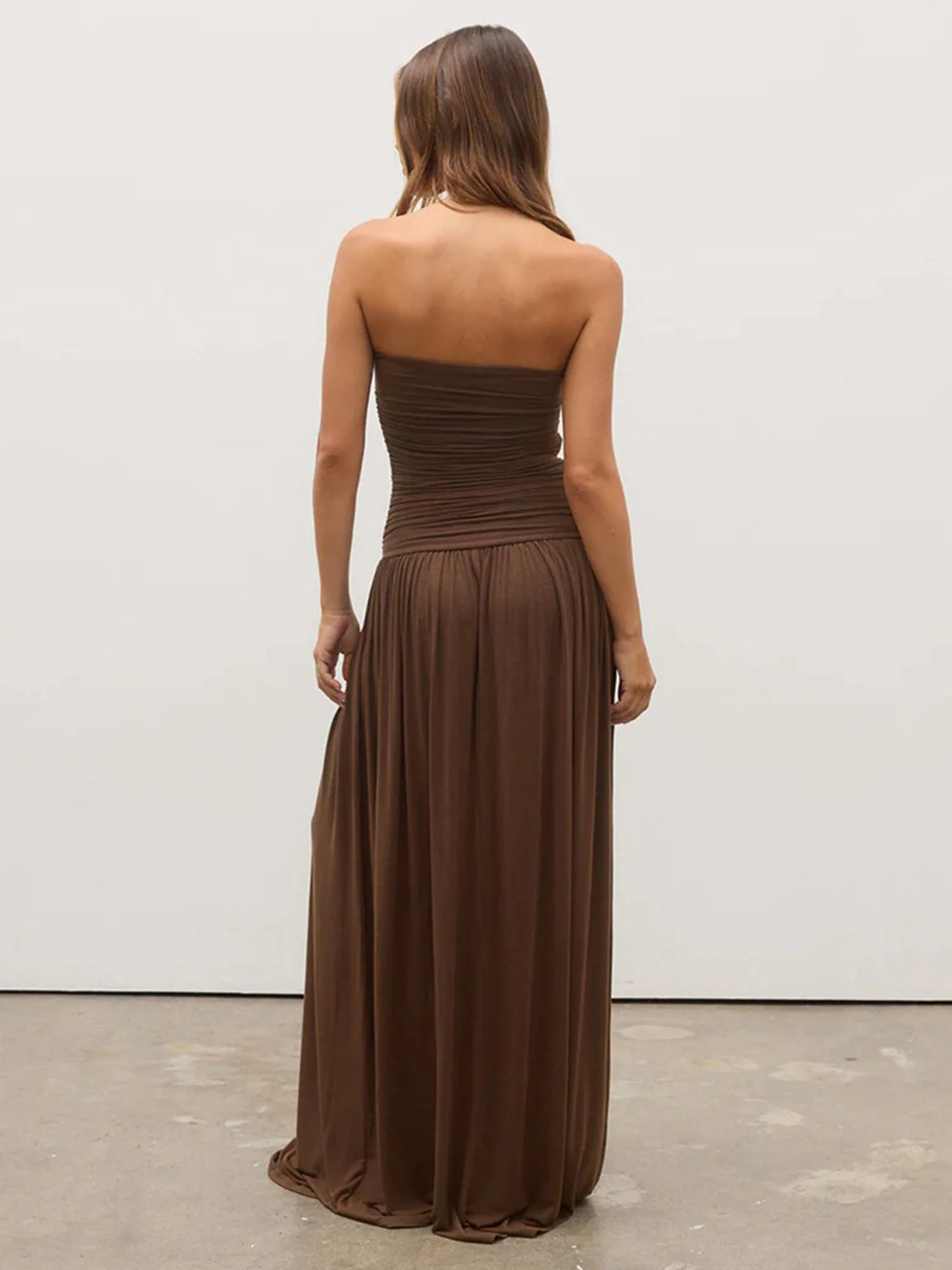 Brown Strapless Ruched Maxi Dress - XPRESSC