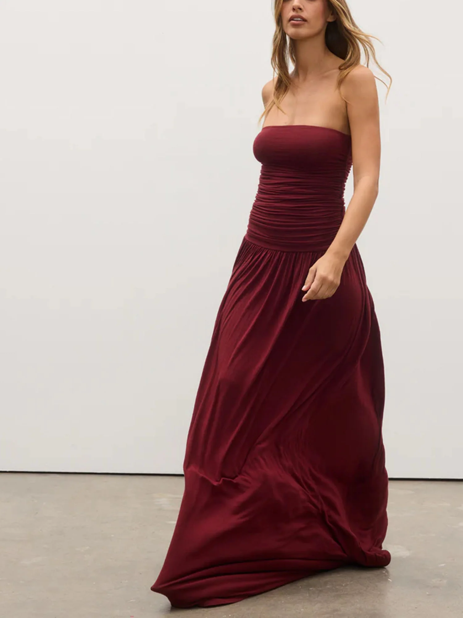 Burgundy Strapless Ruched Maxi Dress - XPRESSC