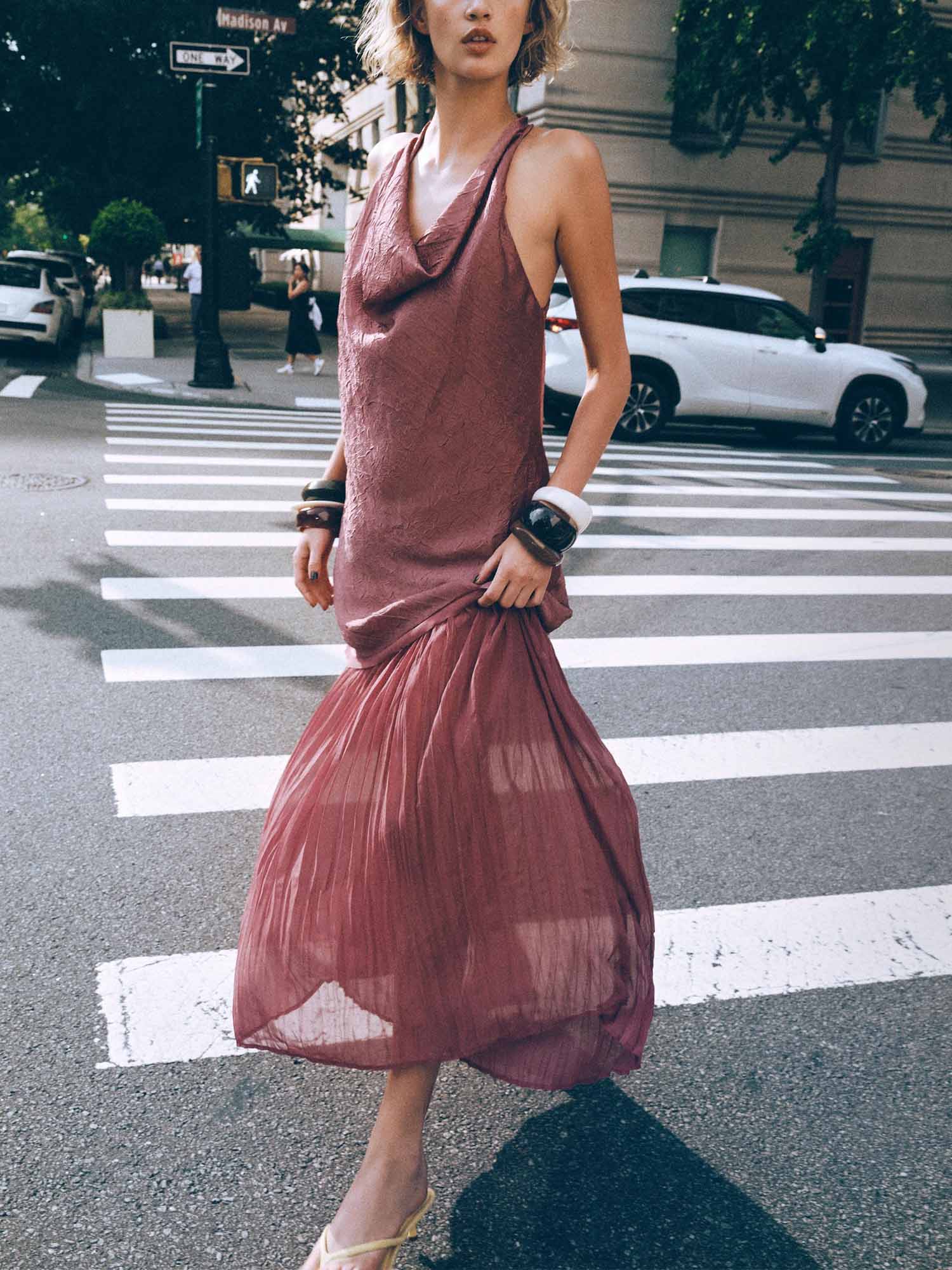 Dusty Rose Textured Halter Maxi Dress - XPRESSC