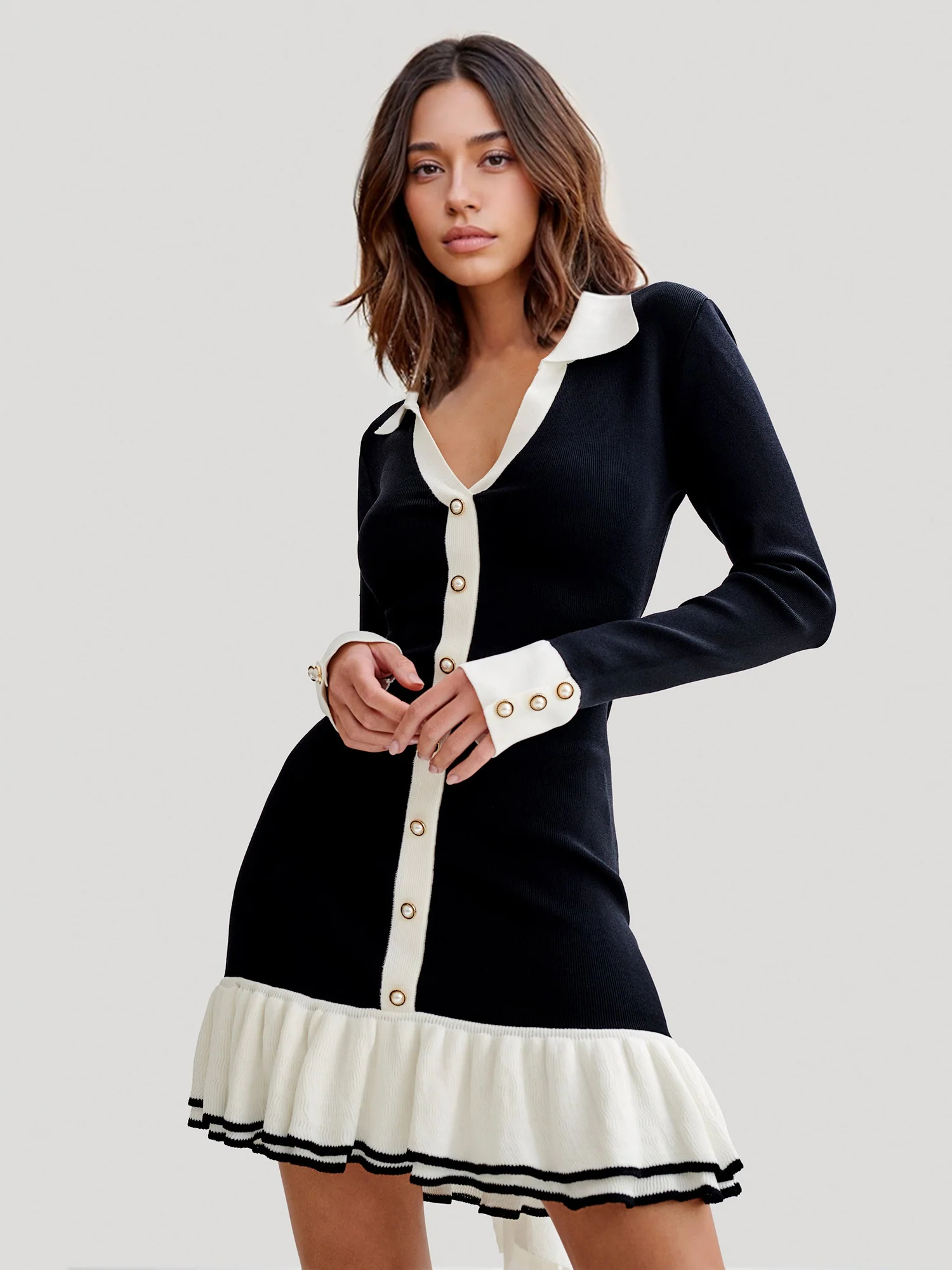 Button Detail Fitted Dress - XPRESSC