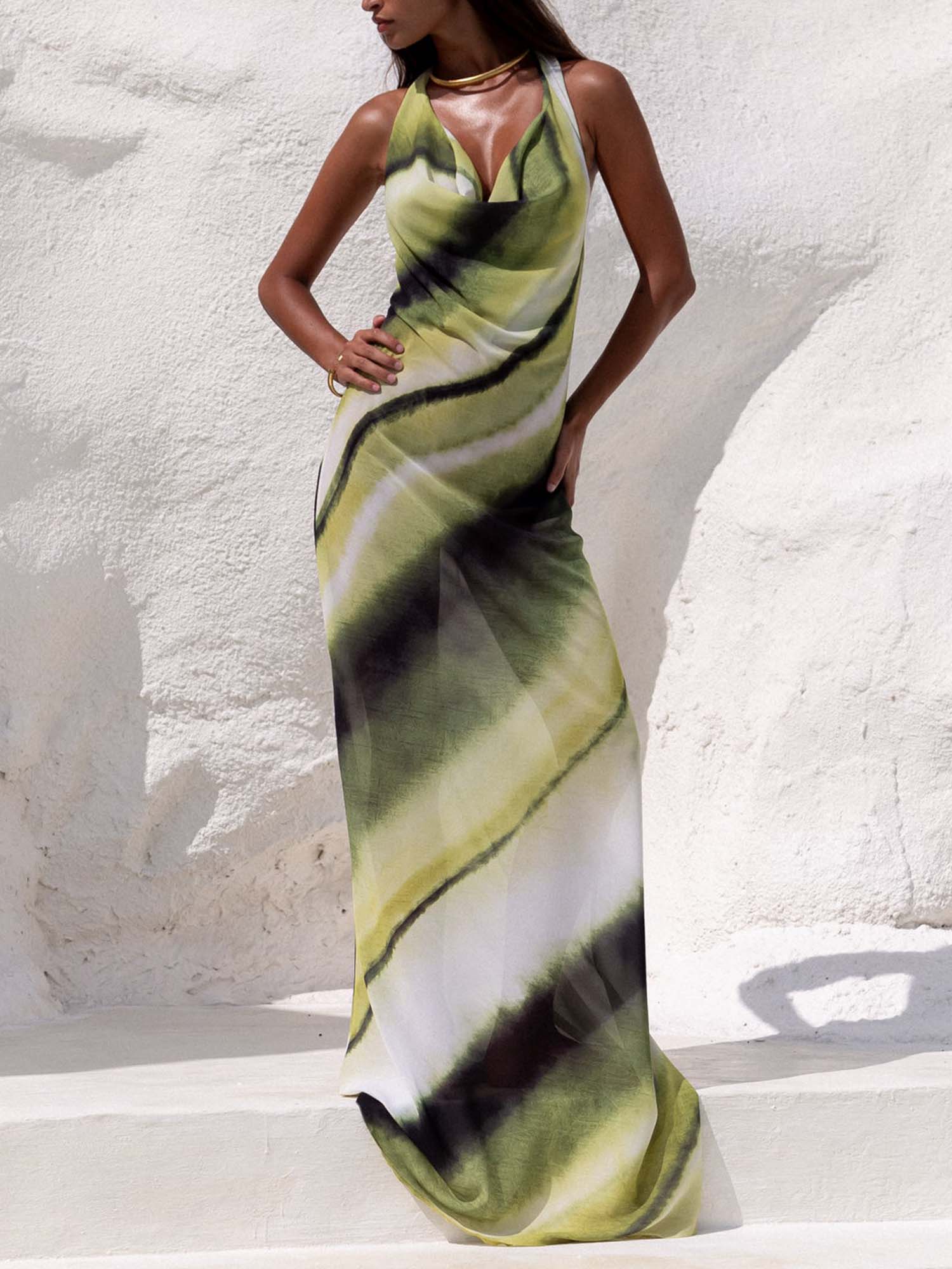 Marbled Print Halter Neck Maxi Dress - XPRESSC