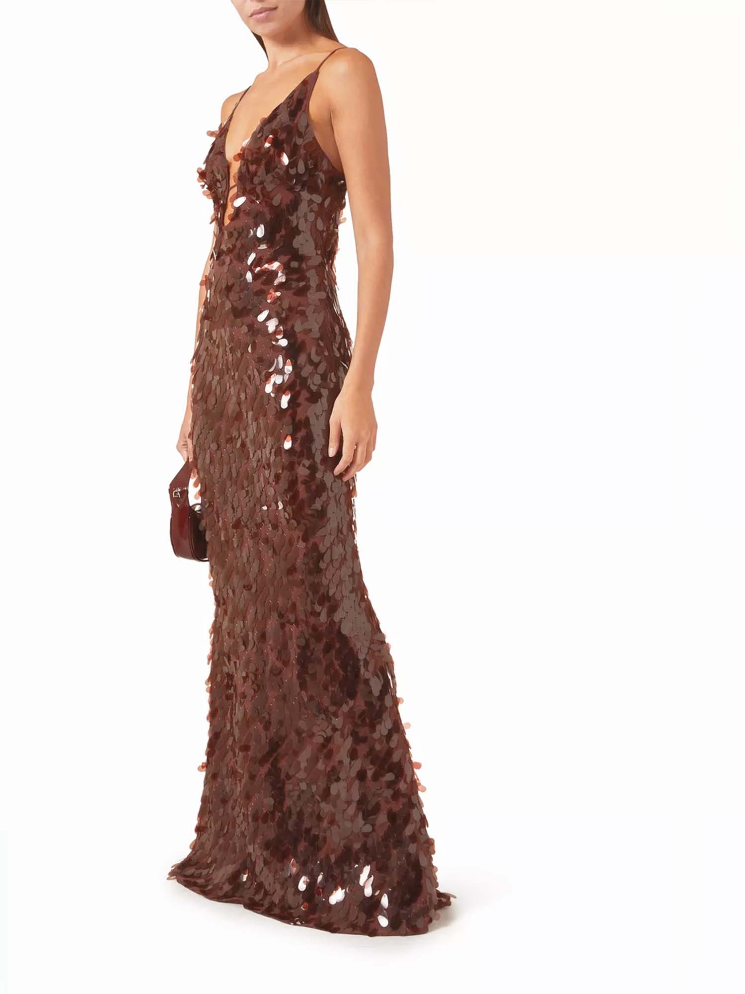 Brown Sequin Plunge Maxi Dress - XPRESSC