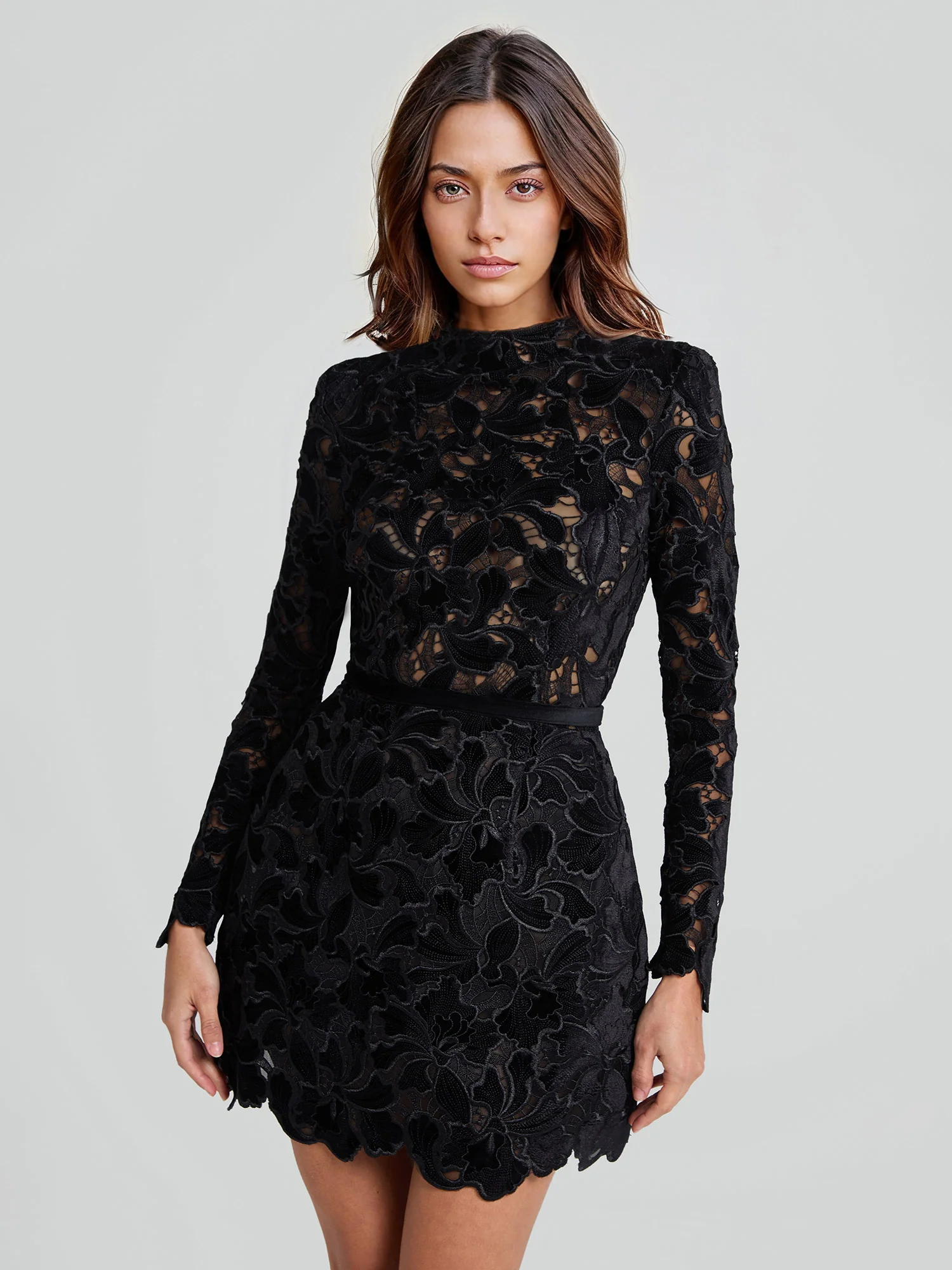 Lace Long Sleeve Mini Dress with Scalloped Hem - XPRESSC