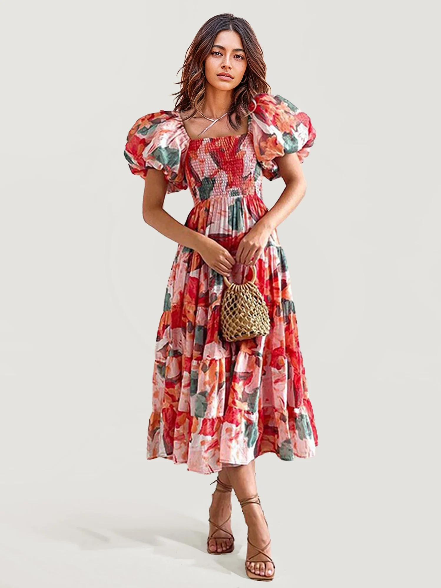 Floral Puff Sleeve Midi Dress - XPRESSC