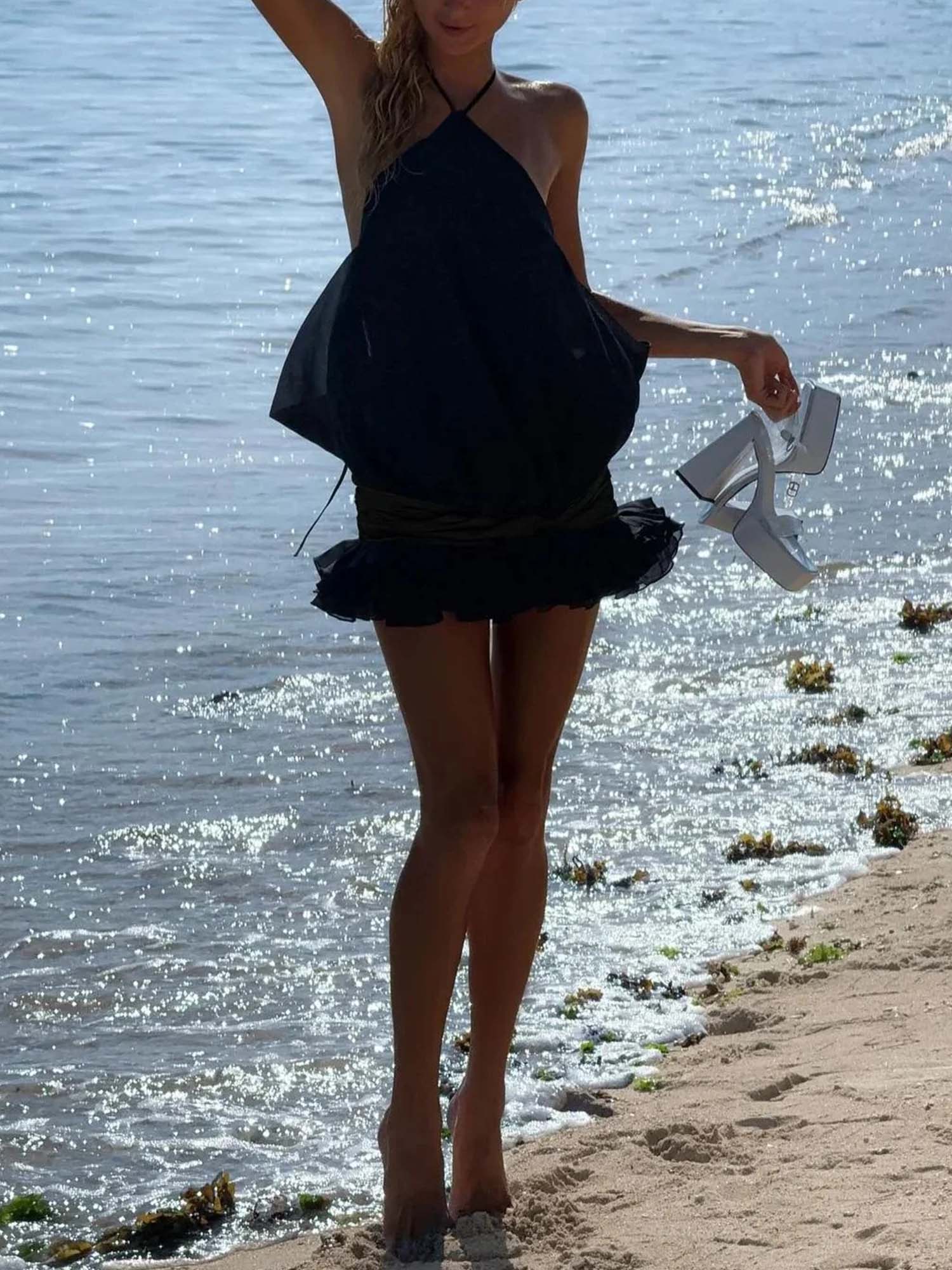 Halter Bubble Mini Dress with Ruffled Hem - XPRESSC