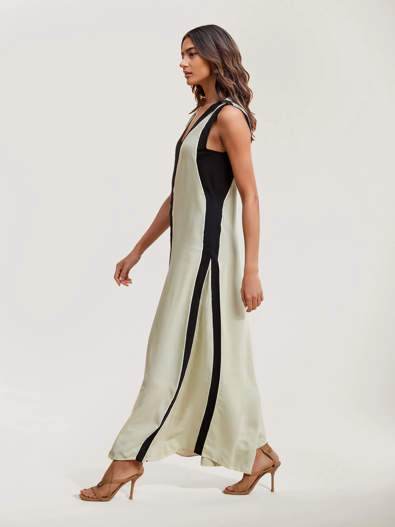 Color Block V-Neck Maxi Dress with Split - XPRESSC