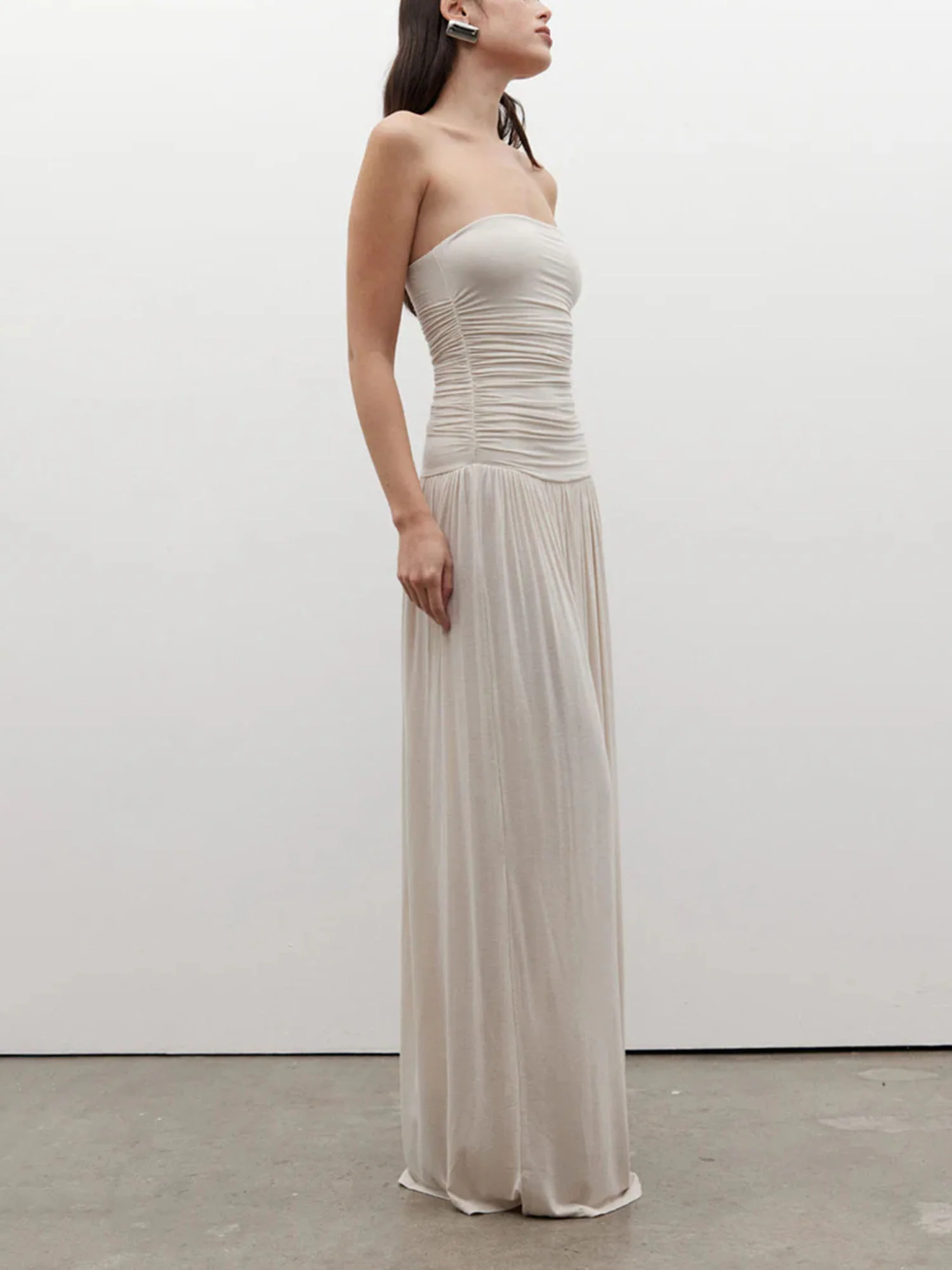 White Strapless Ruched Maxi Dress - XPRESSC