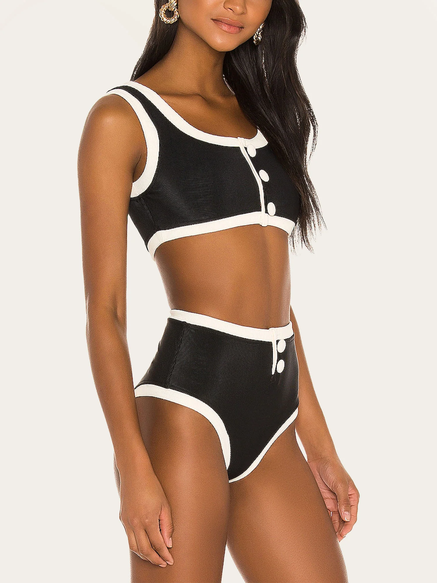Black and White Two-Piece Bikini with Buttons - XPRESSC