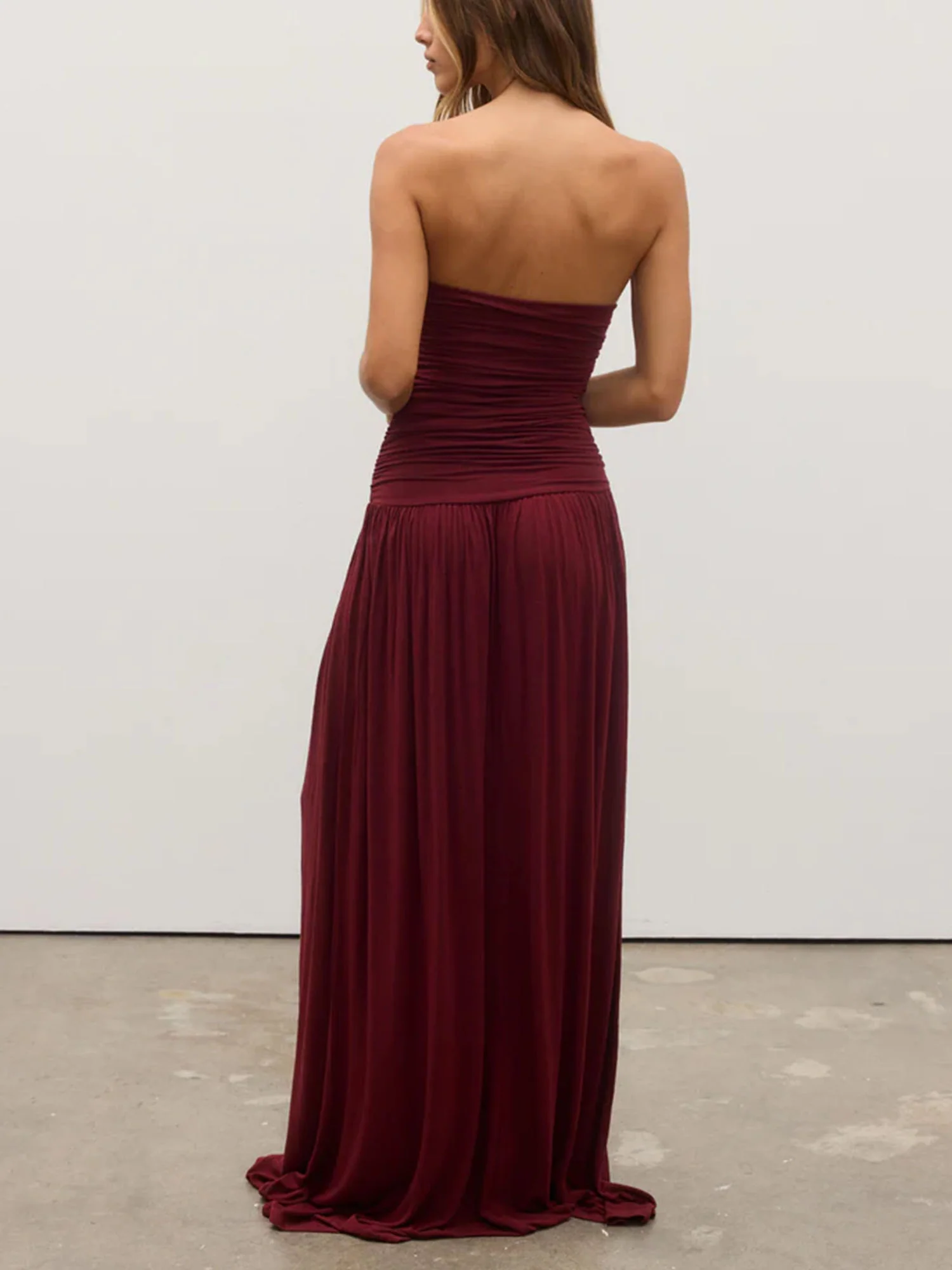 Burgundy Strapless Ruched Maxi Dress - XPRESSC