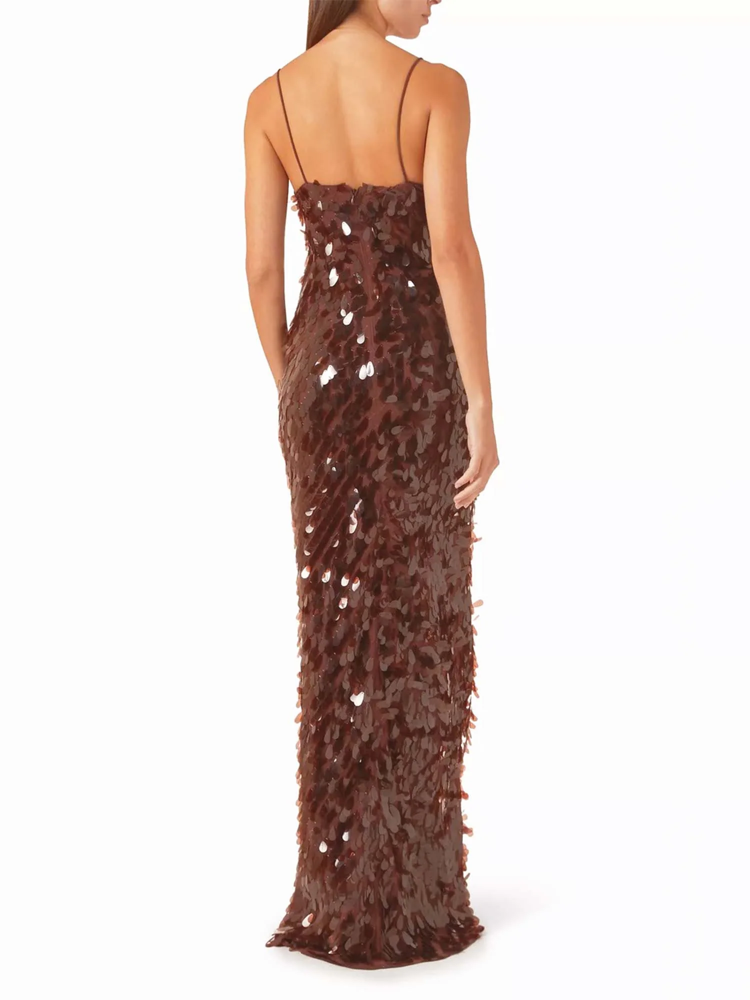 Brown Sequin Plunge Maxi Dress - XPRESSC