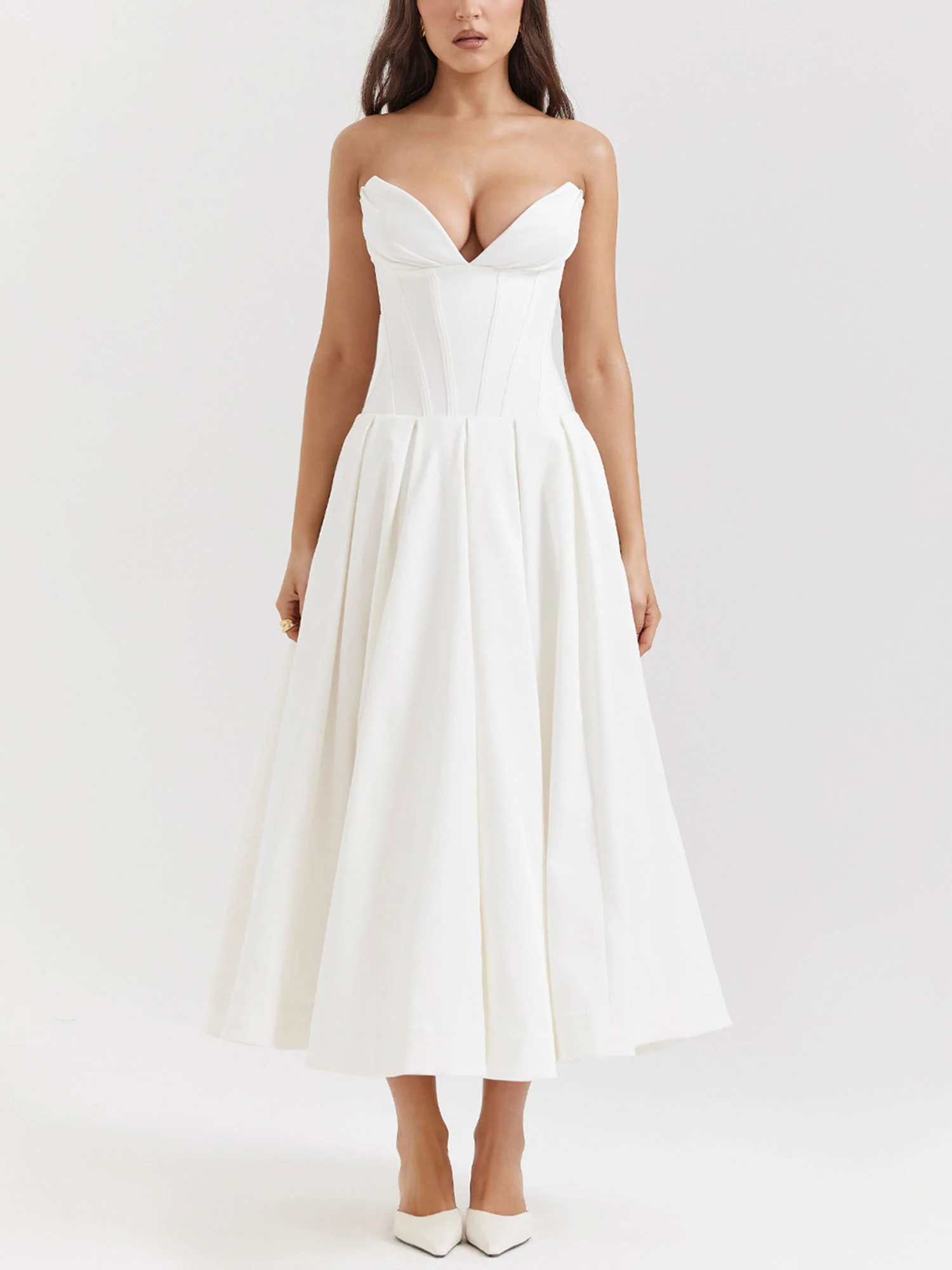 White Strapless Fit-and-Flare Midi Dress - XPRESSC