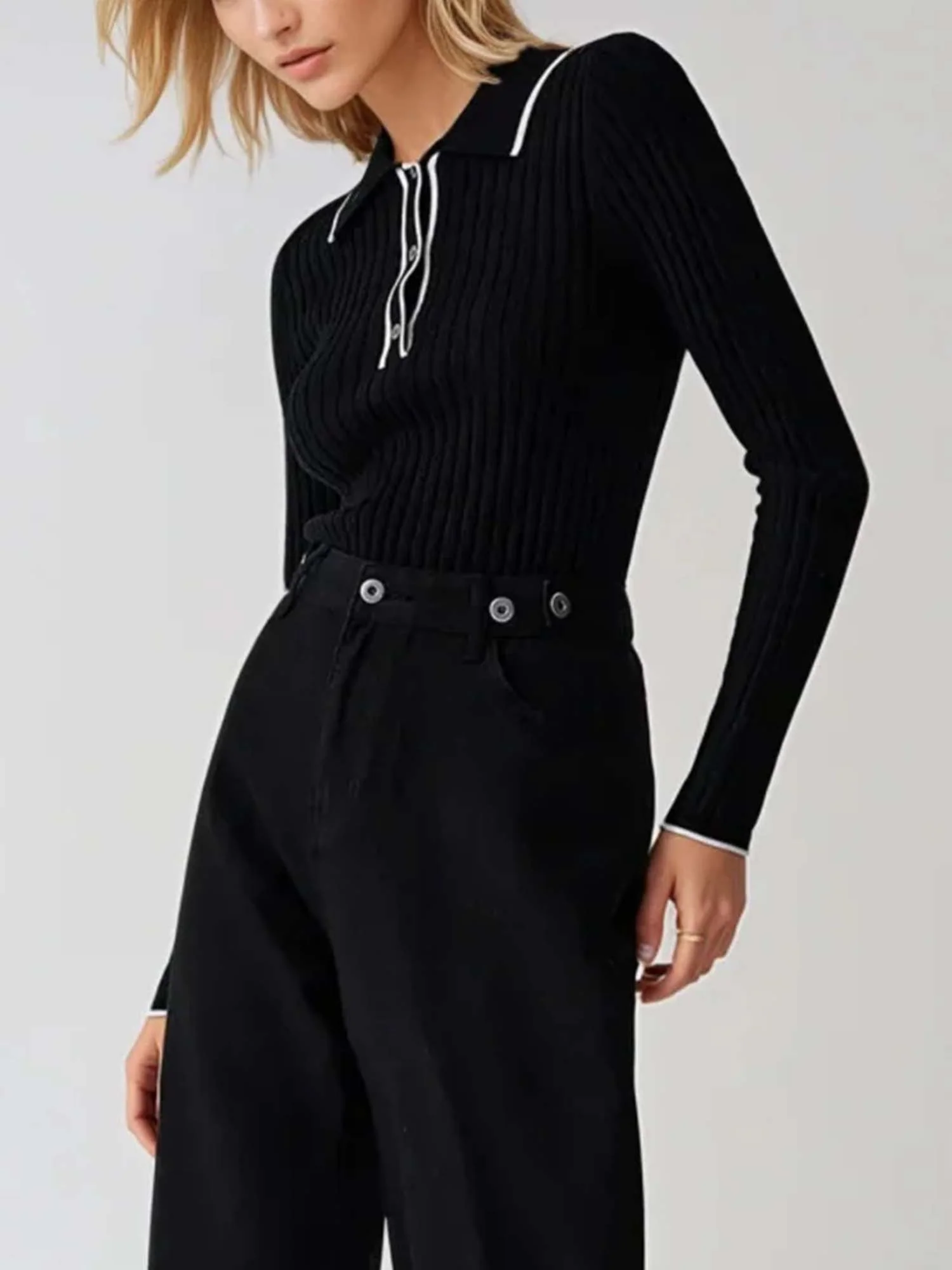 Fitted Rib Polo Knit French Base Layer - XPRESSC