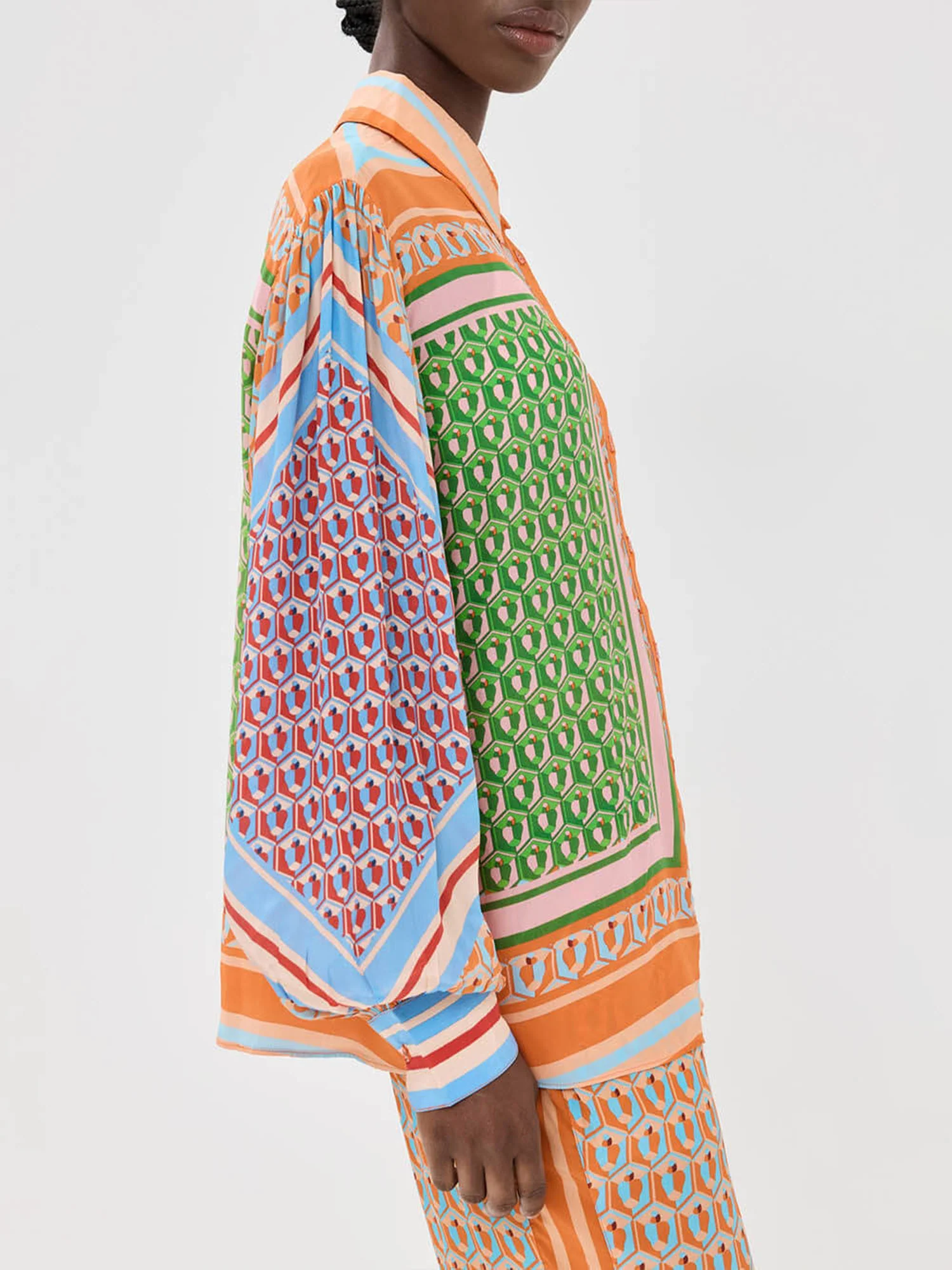 Print Oversized Button-Up Shirt with Colorblock Details - XPRESSC