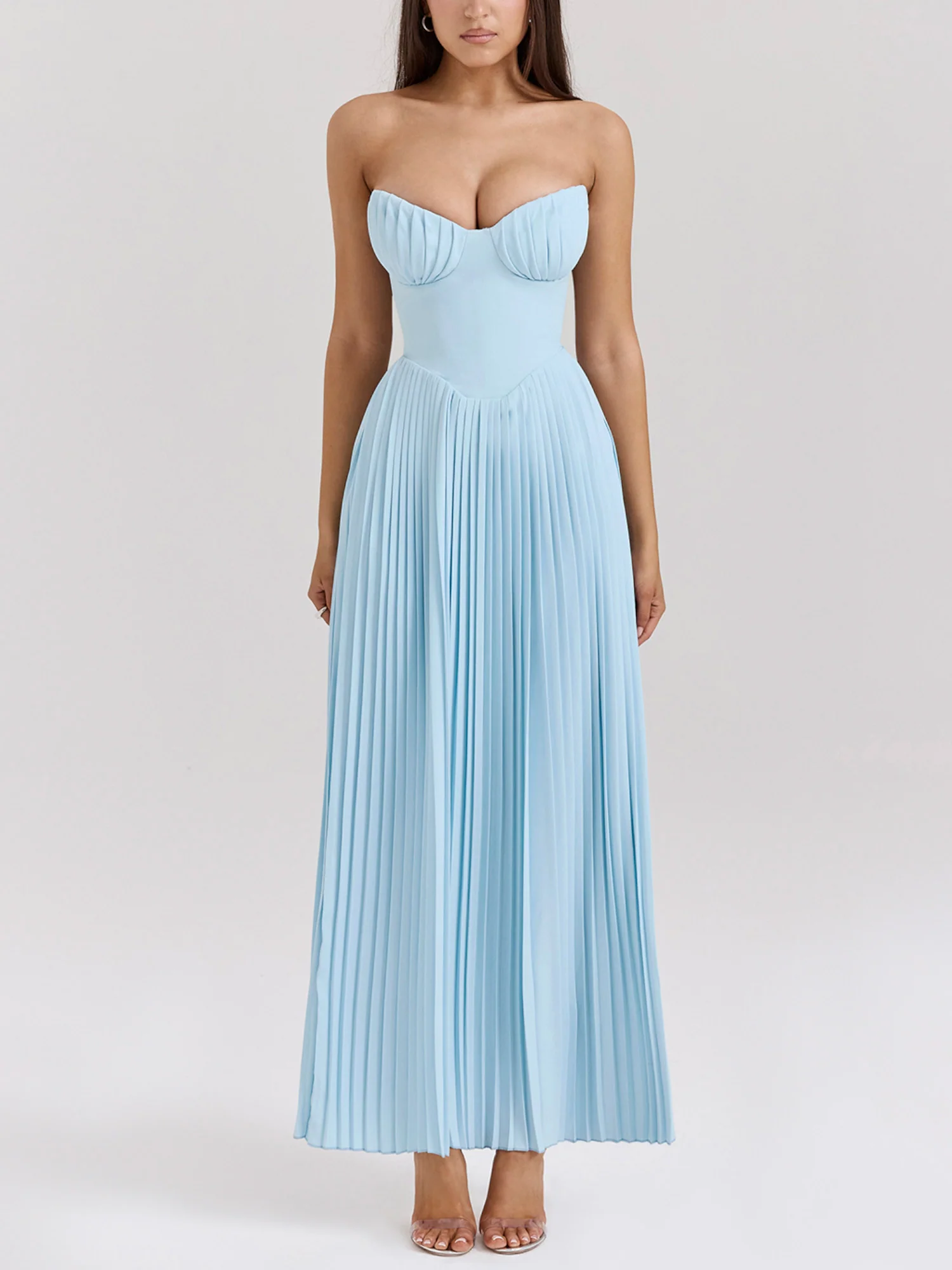 Pleated Strapless Sky Blue Maxi Dress - XPRESSC