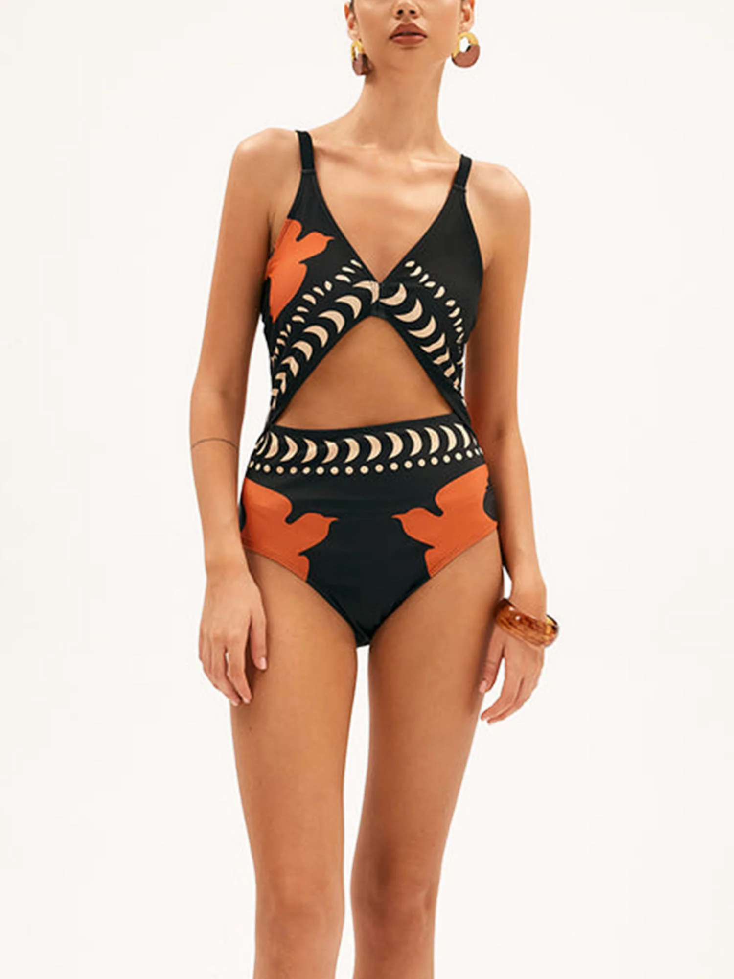Black and Orange Cut-Out One-Piece Swimsuit - XPRESSC