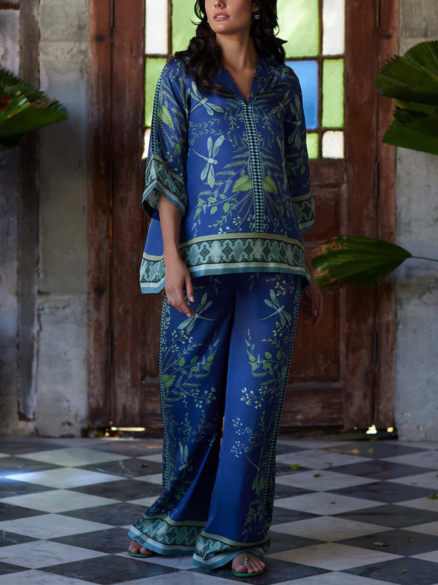 Indigo Dragonfly Wide-Leg Pants - XPRESSC