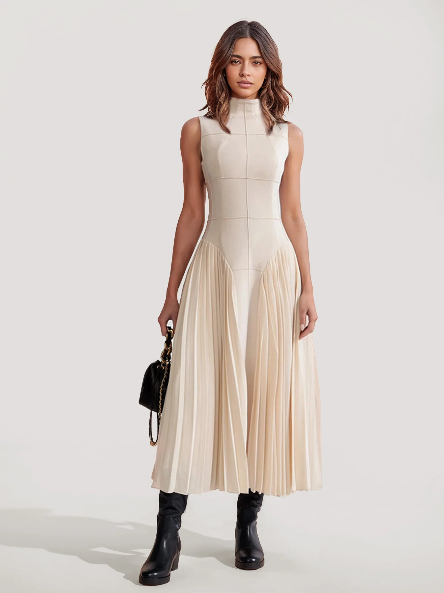 Pleated Midi Dress with Geometric Design - XPRESSC