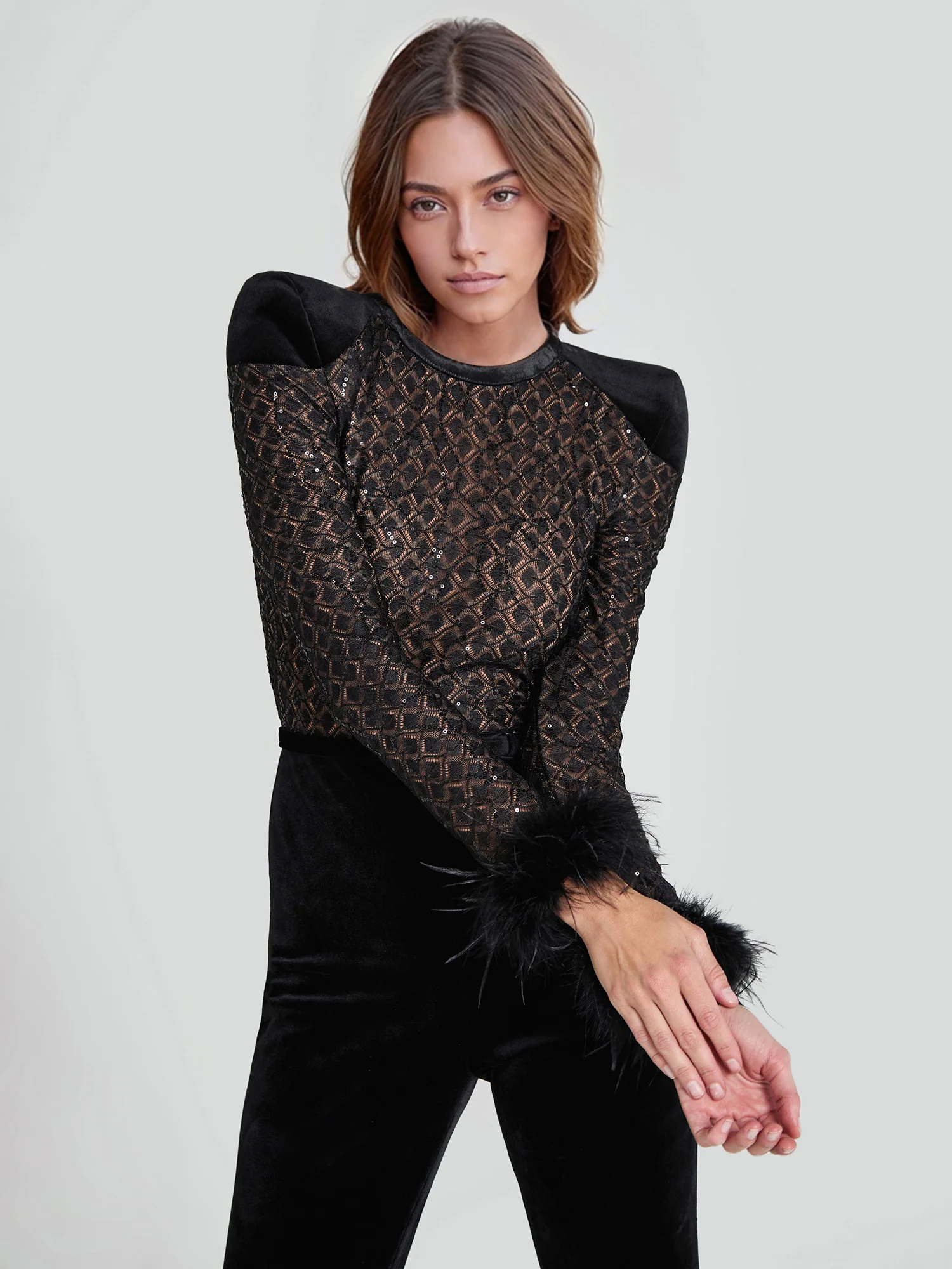 Lace Sequined Feather Trim Flared Jumpsuit - XPRESSC