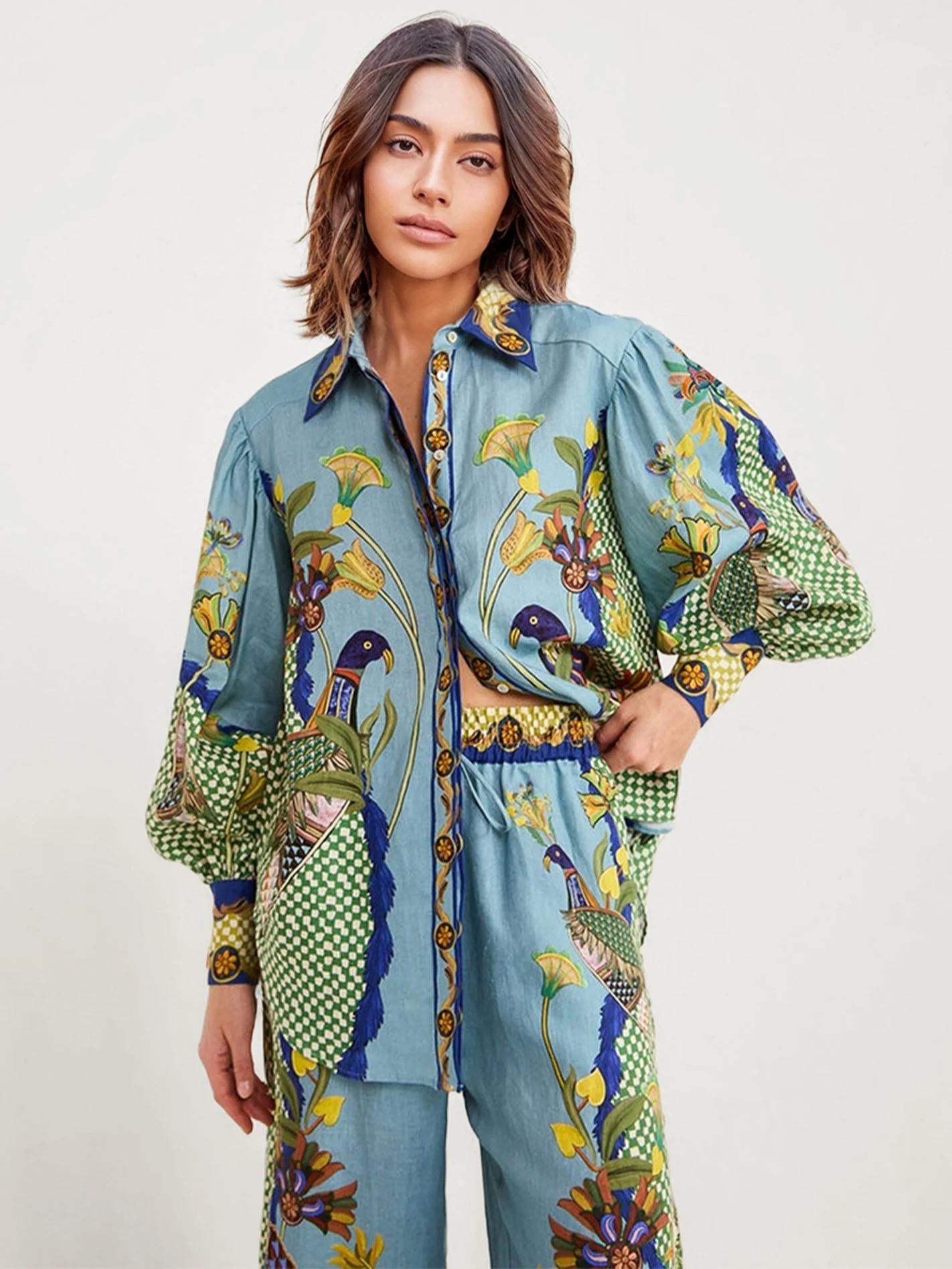 Bohemian Floral Print Button-Up Shirt - XPRESSC